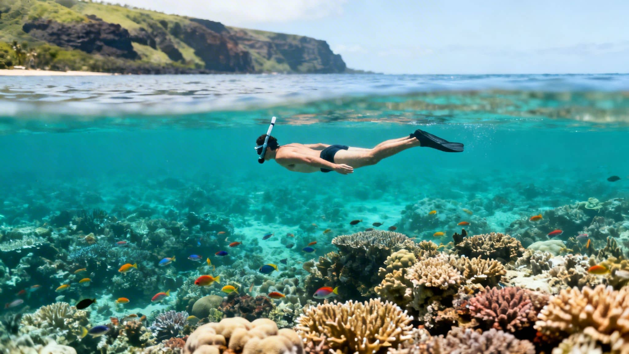 A man snorkels above a vibrant coral reef teeming with colorful fish near a tropical coastline.
