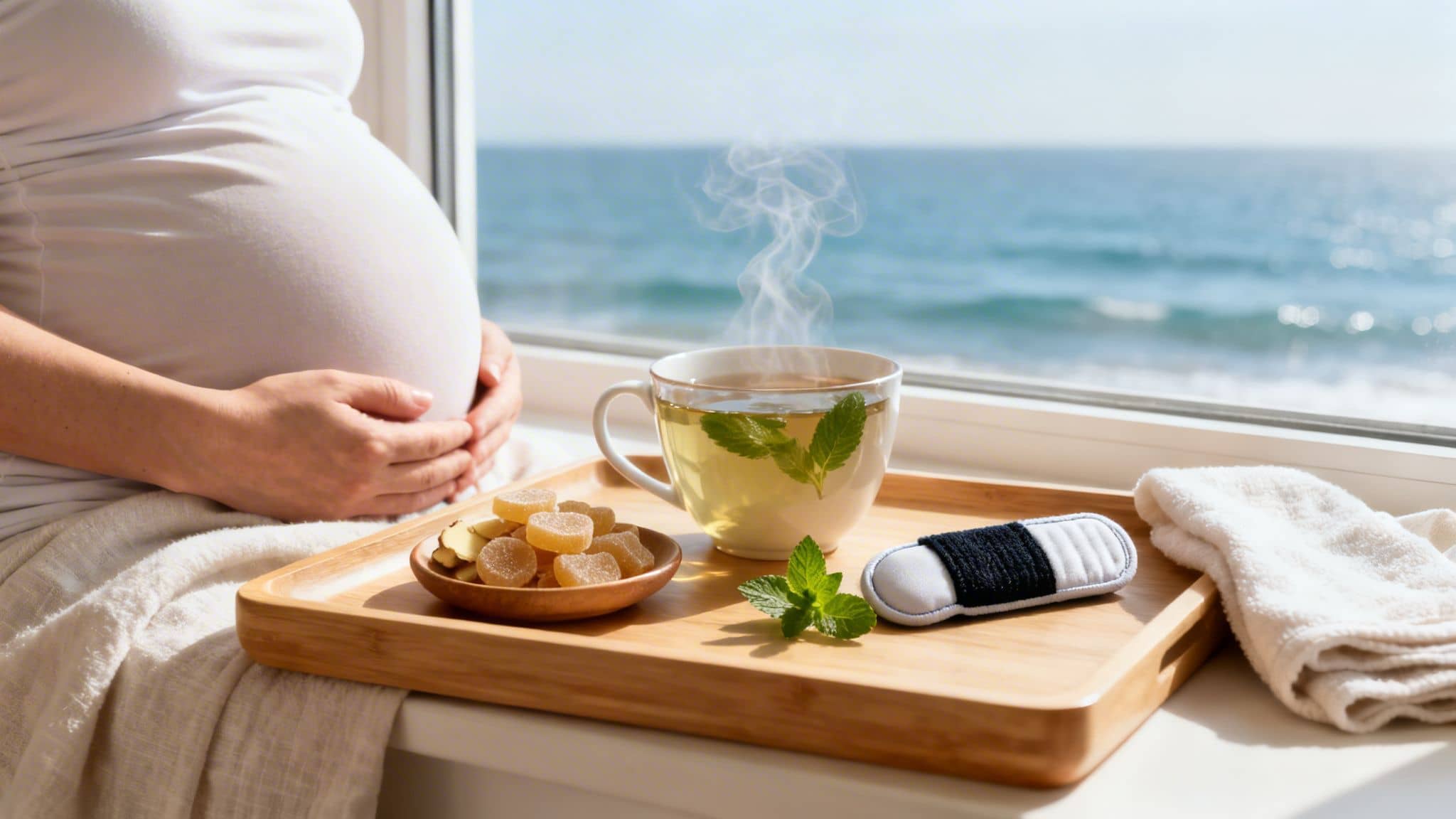 Pregnant woman by the window holding her belly, with a tray of ginger candies, mint tea, and a motion sickness band overlooking the sea.