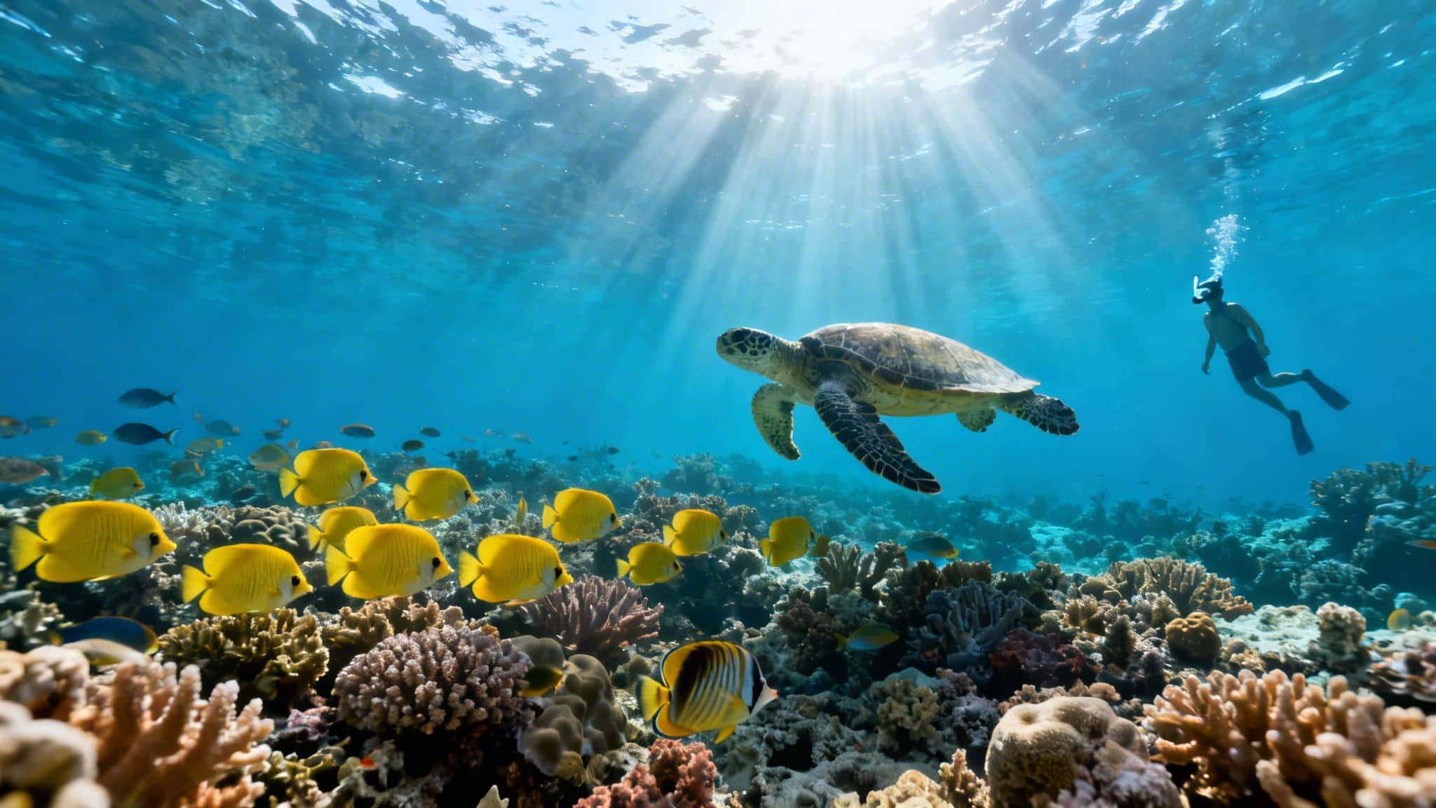 Vibrant underwater scene with a sea turtle, snorkeler, and yellow fish amidst a sunlit coral reef.