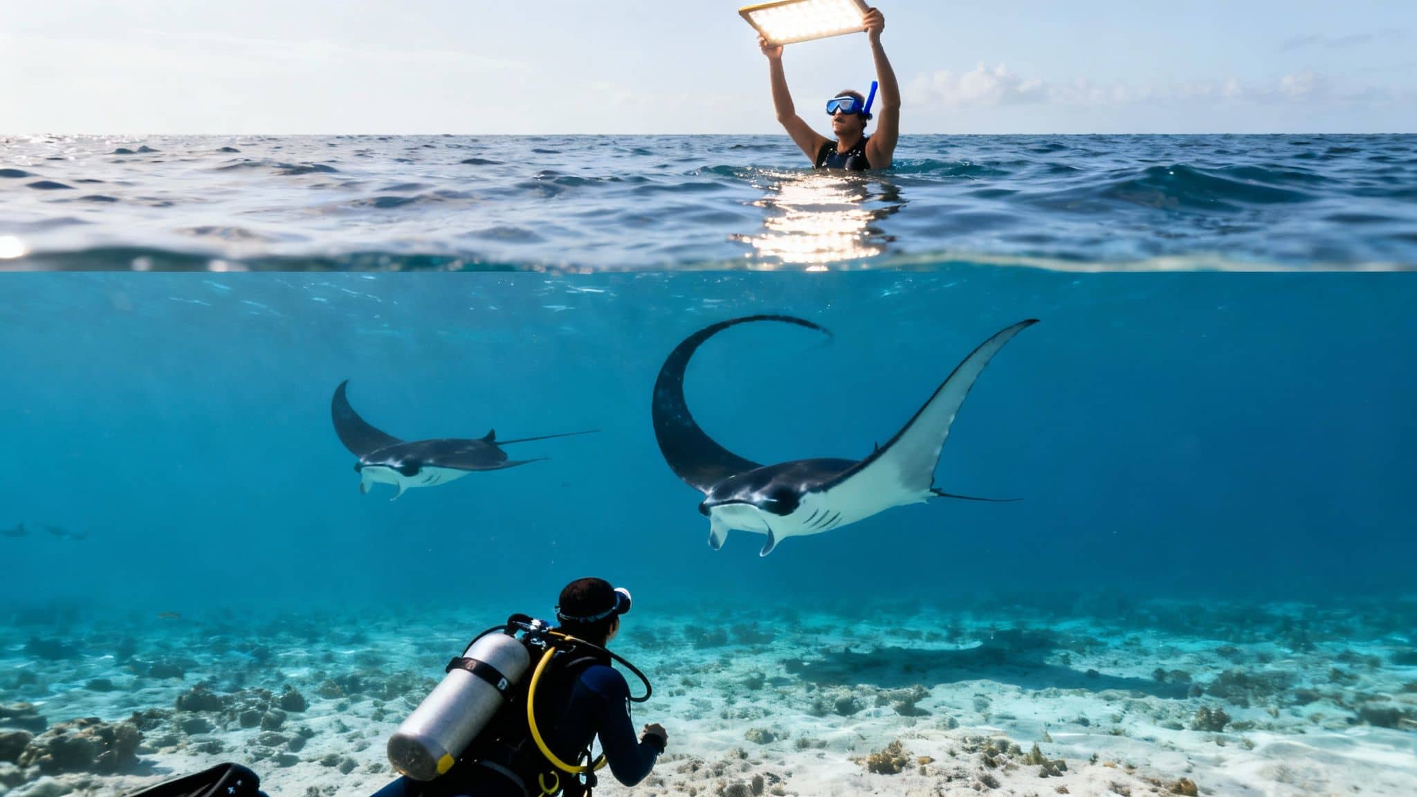 Split shot of a person holding a light above water and divers with manta rays below.