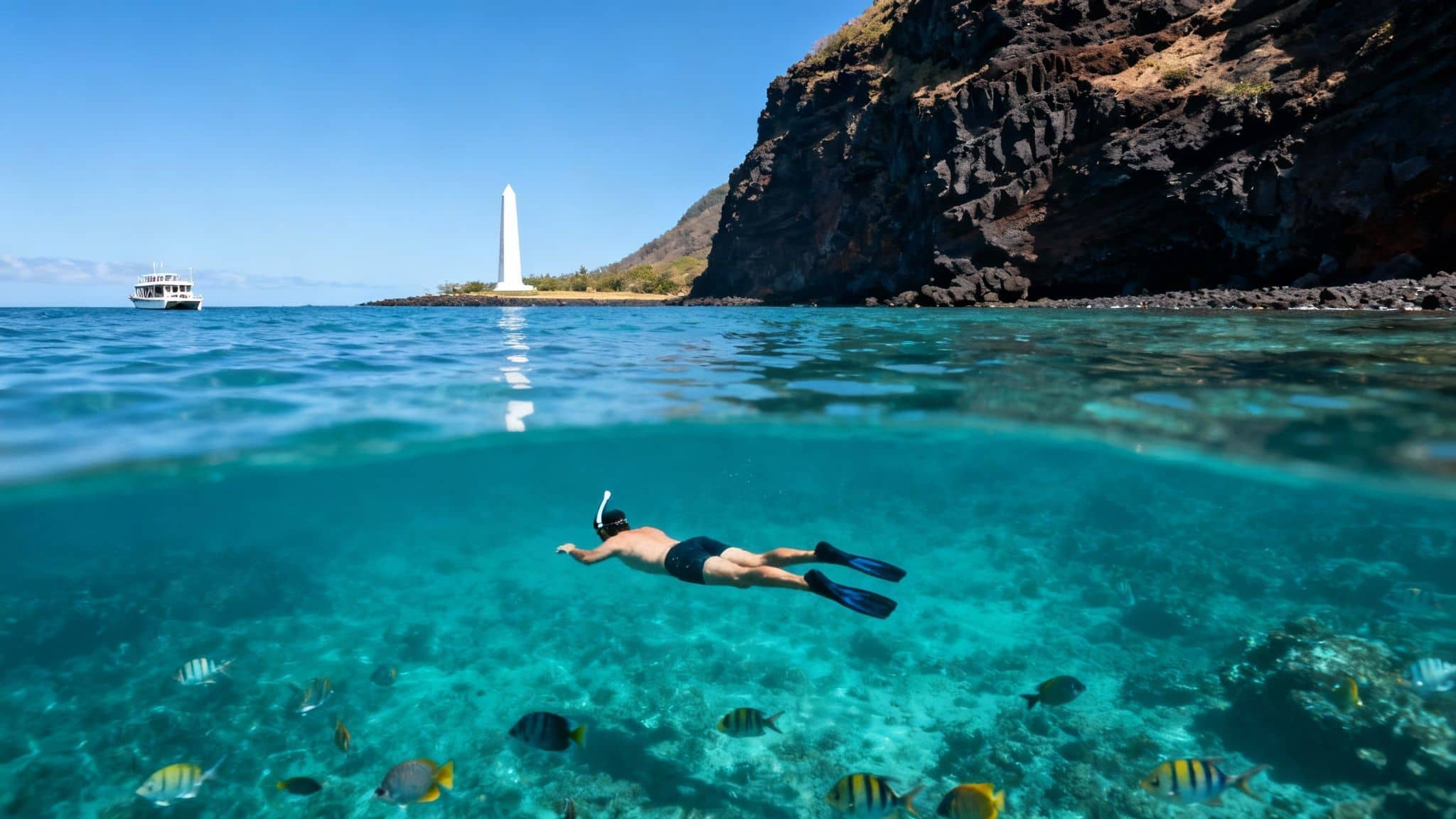 Over/under water view of a snorkeler and tropical fish with a distant lighthouse and boat.