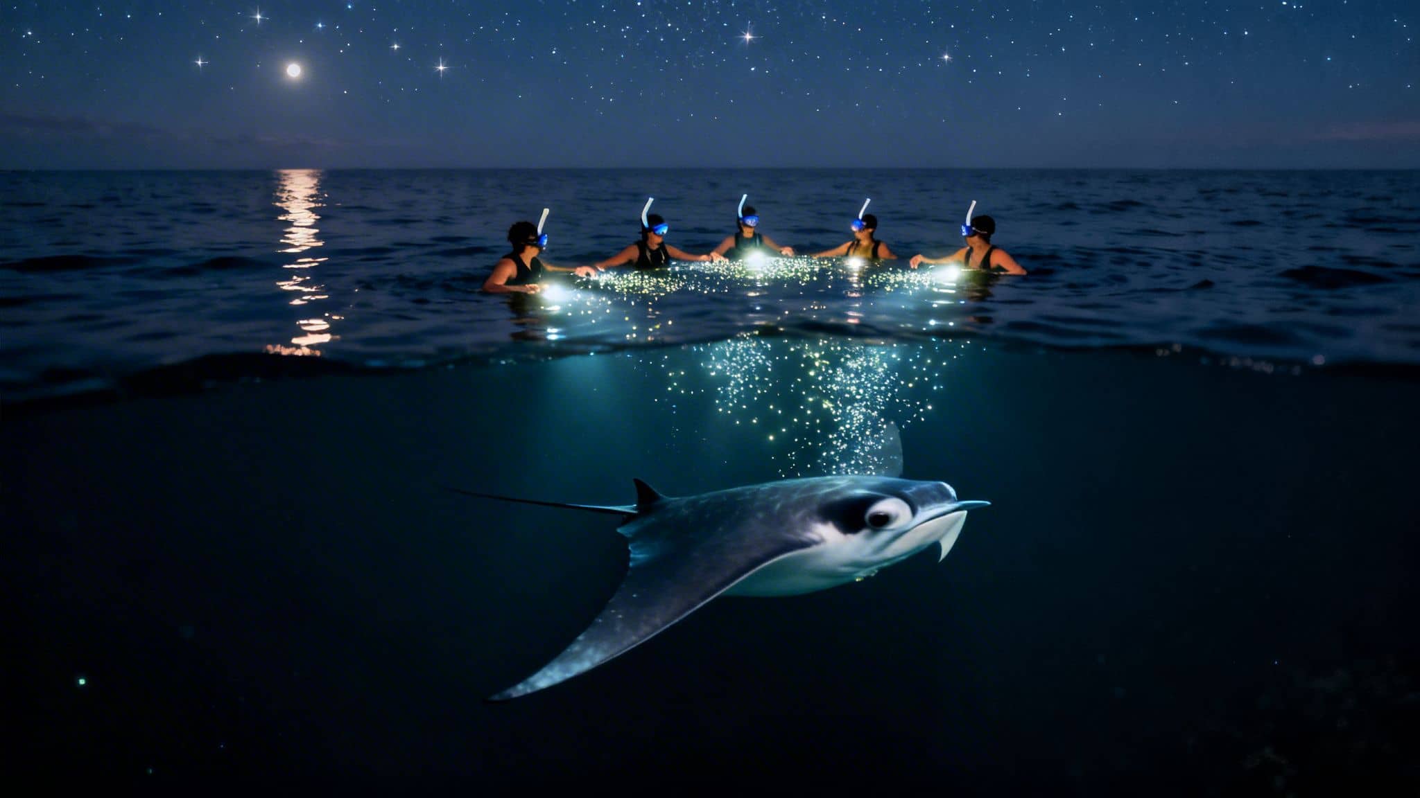 Five snorkelers with flashlights attract a manta ray underwater at night under a starry sky.