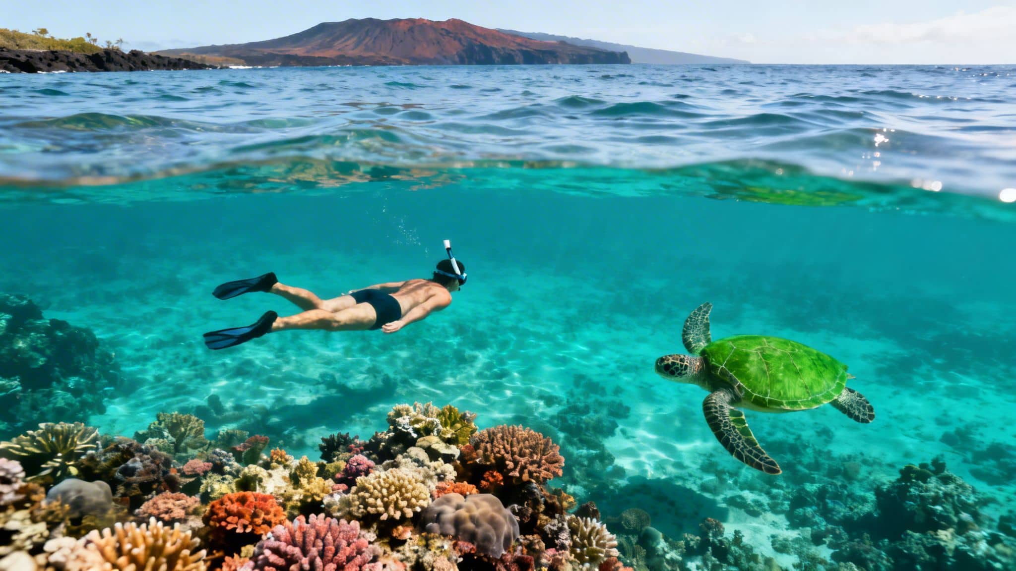 Split-level photo of a person snorkeling with a sea turtle over a vibrant coral reef.