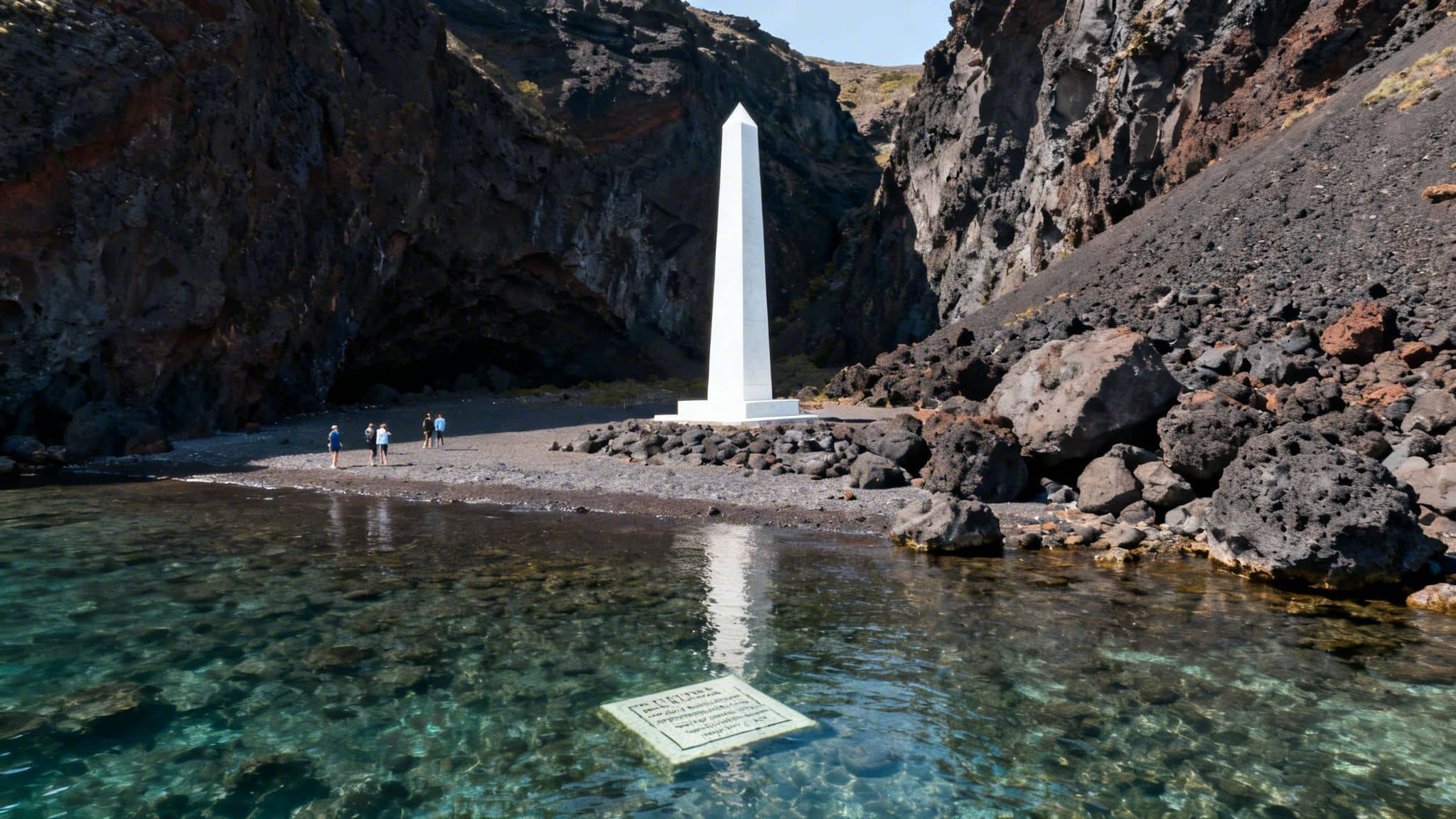 A prominent white obelisk on a dark volcanic beach, with clear turquoise water revealing a submerged plaque.