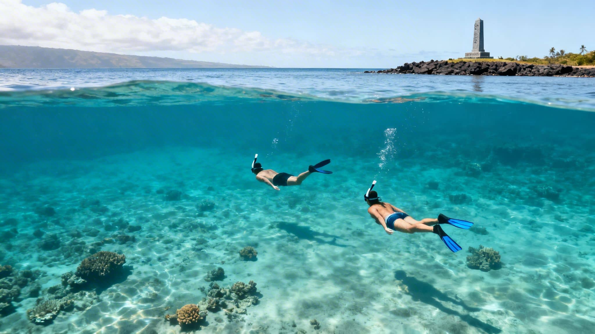 Split view of two people snorkeling in clear blue water over coral reefs, with an island monument above.