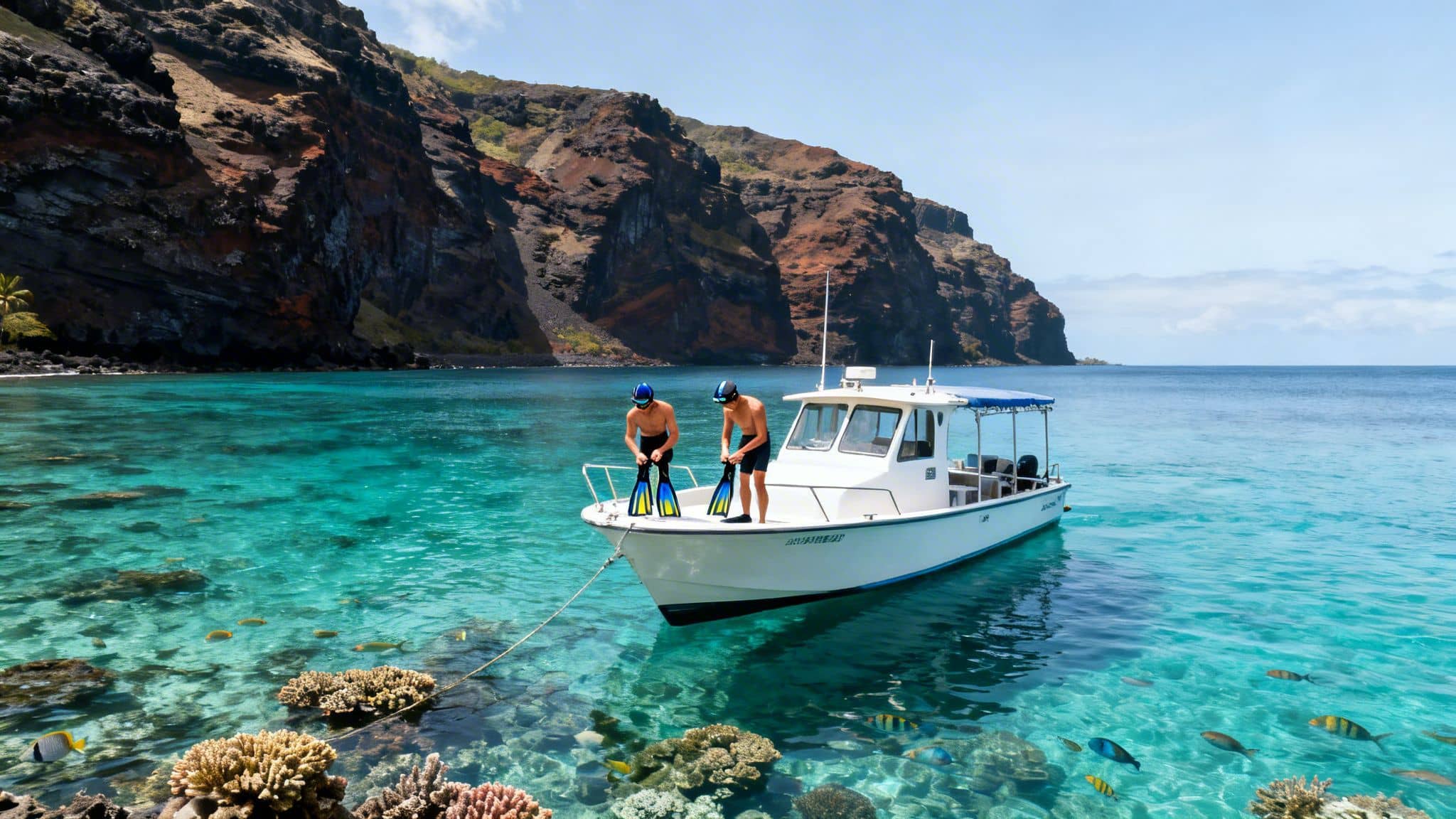 Two men on a boat in clear turquoise water, preparing for snorkeling near rocky cliffs.