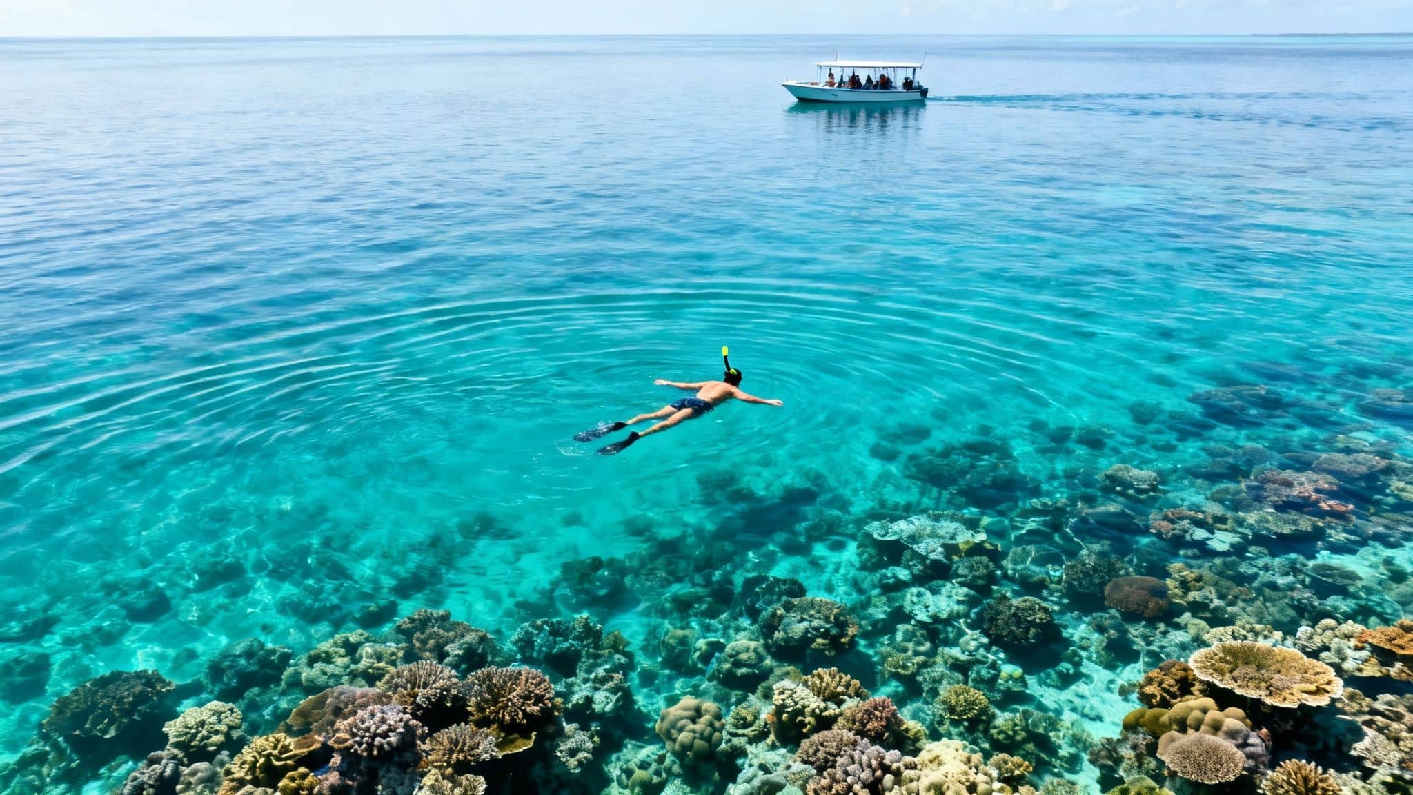 A person snorkeling above a vibrant coral reef in clear blue ocean water with a boat in the distance.