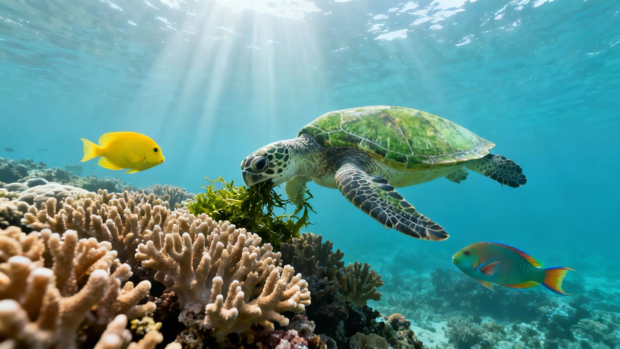 A green sea turtle eats seaweed on a coral reef with colorful fish under sunlight.