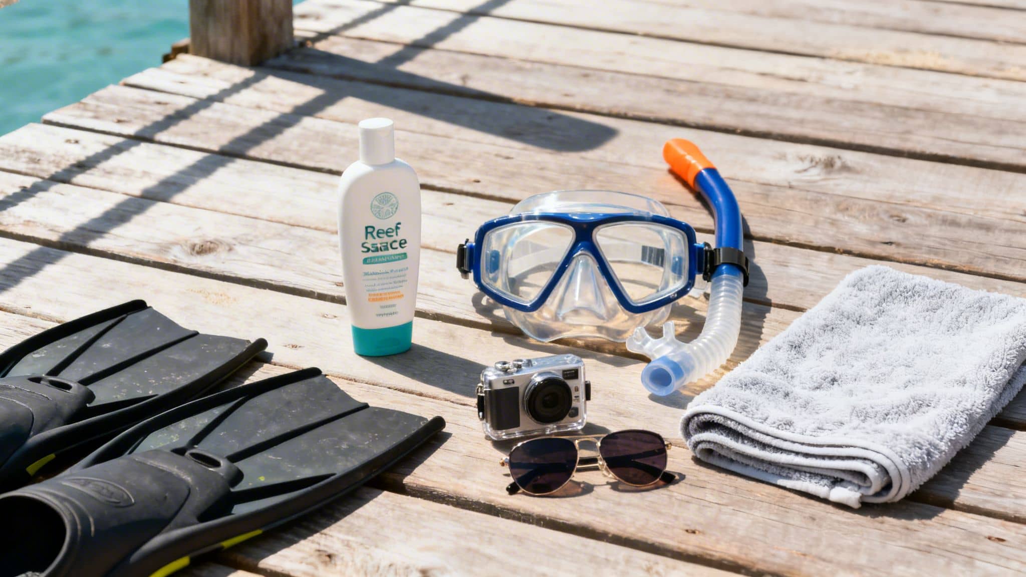 Snorkeling mask, fins, sunscreen, sunglasses, and camera on a sunny wooden pier over blue water.