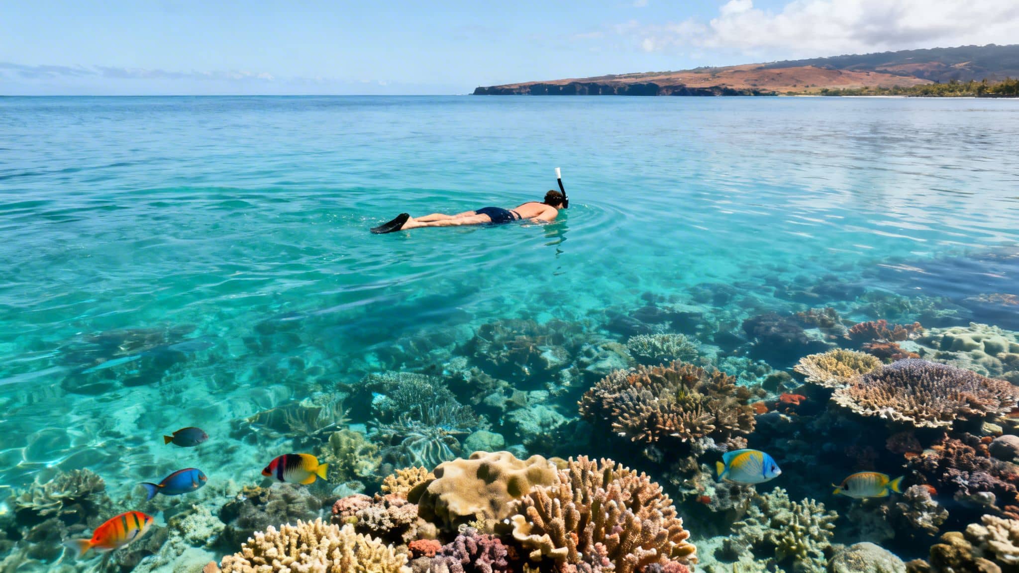 A person snorkeling over a vibrant coral reef with colorful fish in clear tropical water near a coastline.