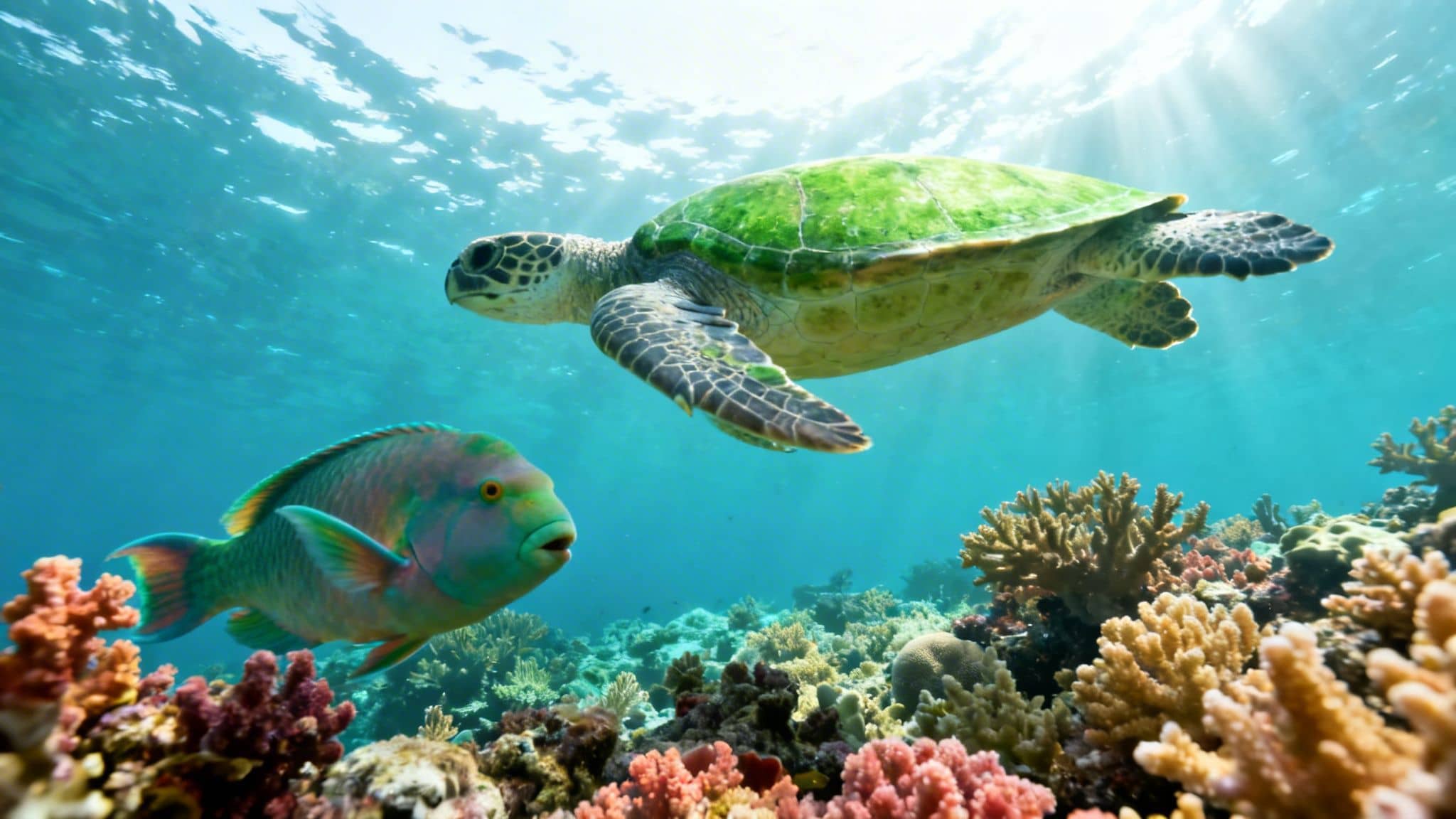 A green sea turtle and a colorful parrotfish swim over a vibrant coral reef.