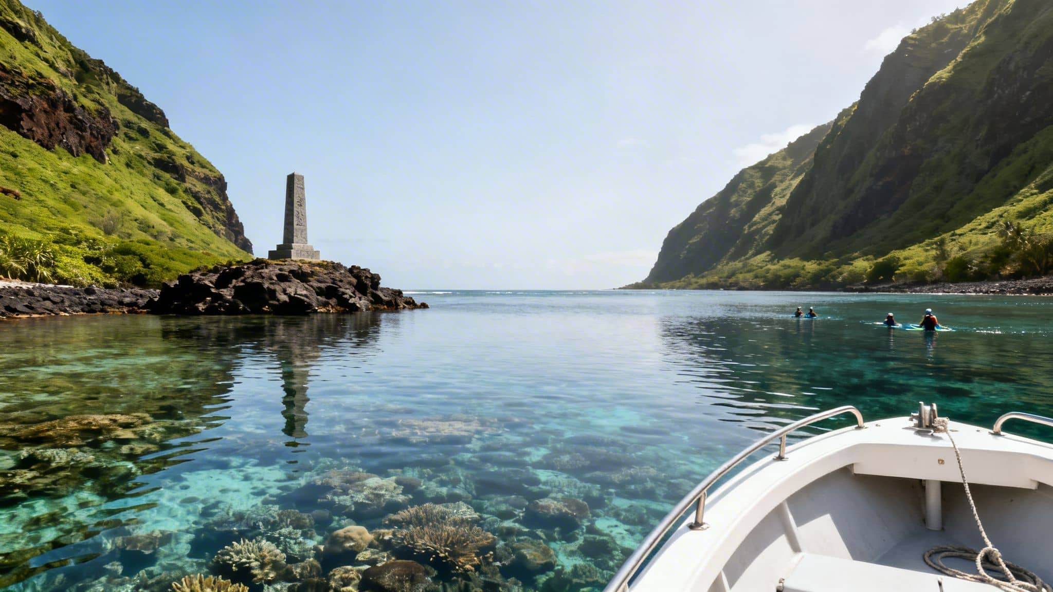 Clear turquoise bay with coral reefs, a monument, a boat, and people snorkeling between lush green mountains.