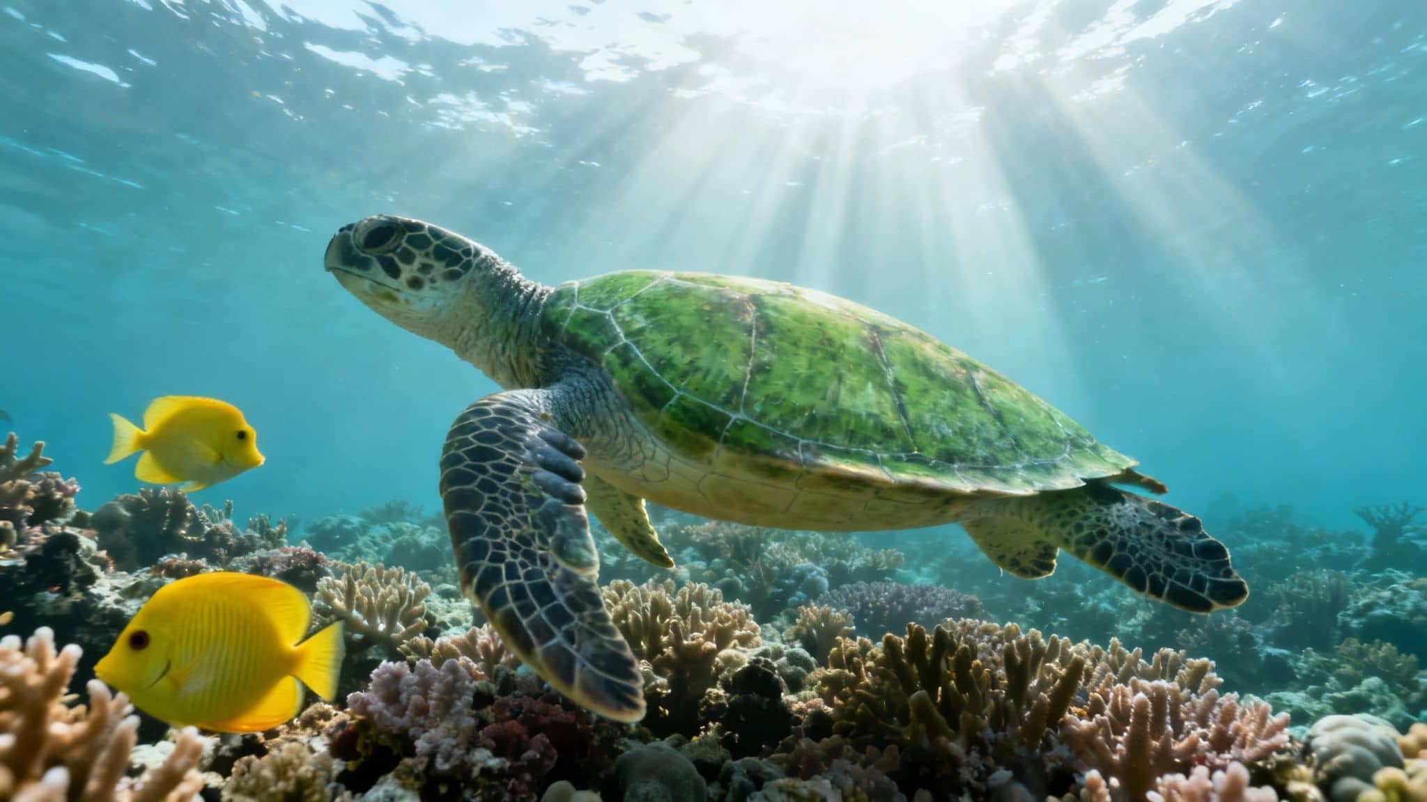 A vibrant green sea turtle swims above a colorful coral reef with two yellow fish, sunlight streaming through the clear blue water.