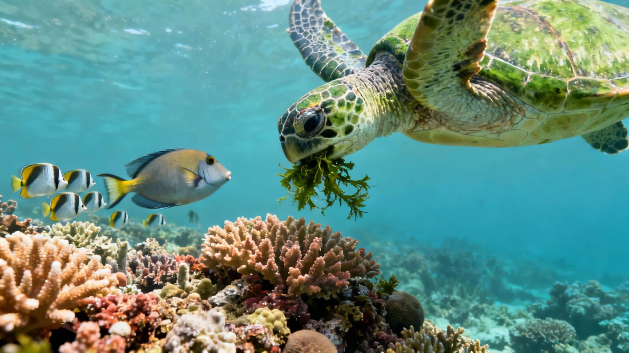A vibrant underwater scene with a green sea turtle eating seaweed, surrounded by colorful fish and coral.