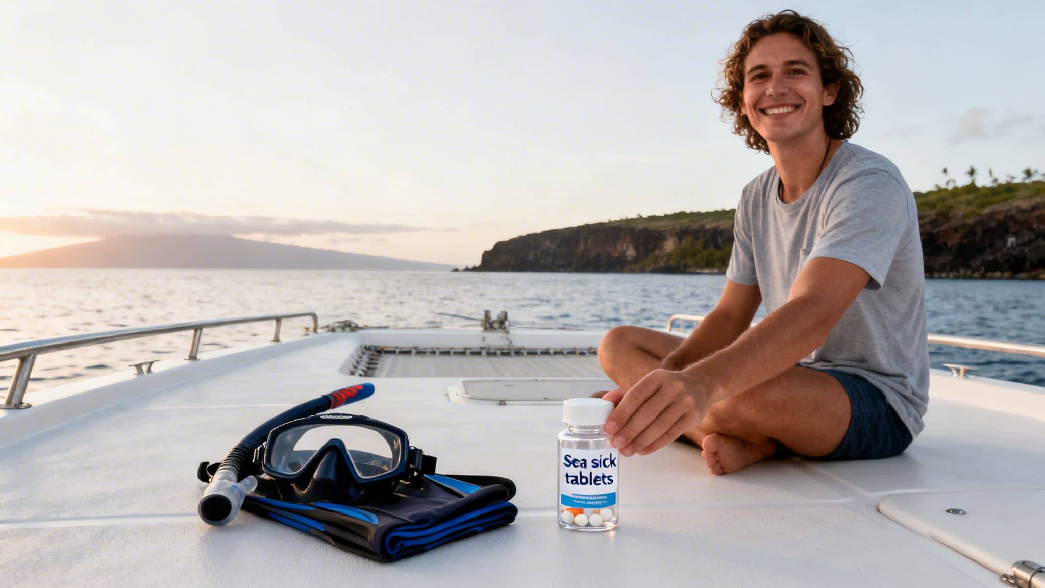 A smiling man on a boat holds sea sick tablets, with snorkeling gear for a boat trip.
