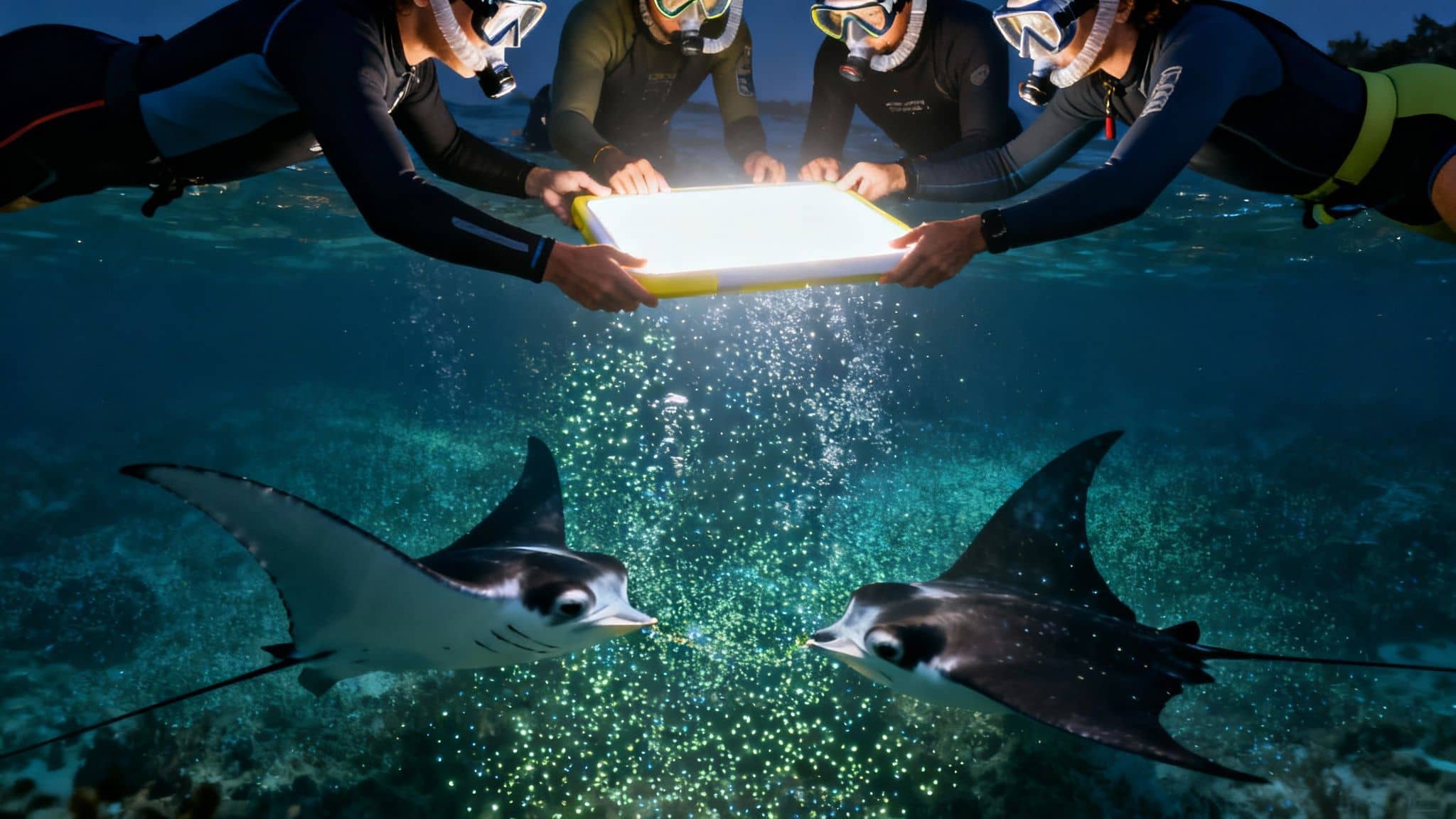 Four snorkelers hold an underwater light, attracting two manta rays at night.
