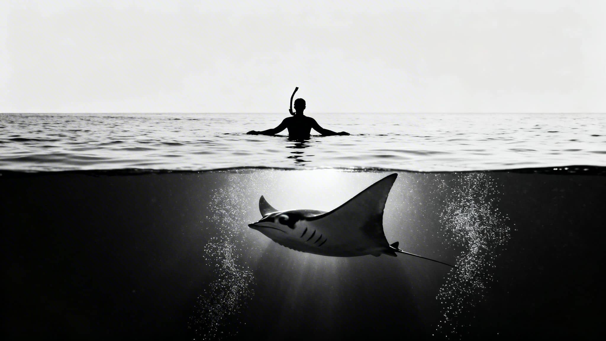 Black and white split shot of a snorkeler above and a majestic manta ray swimming underwater.