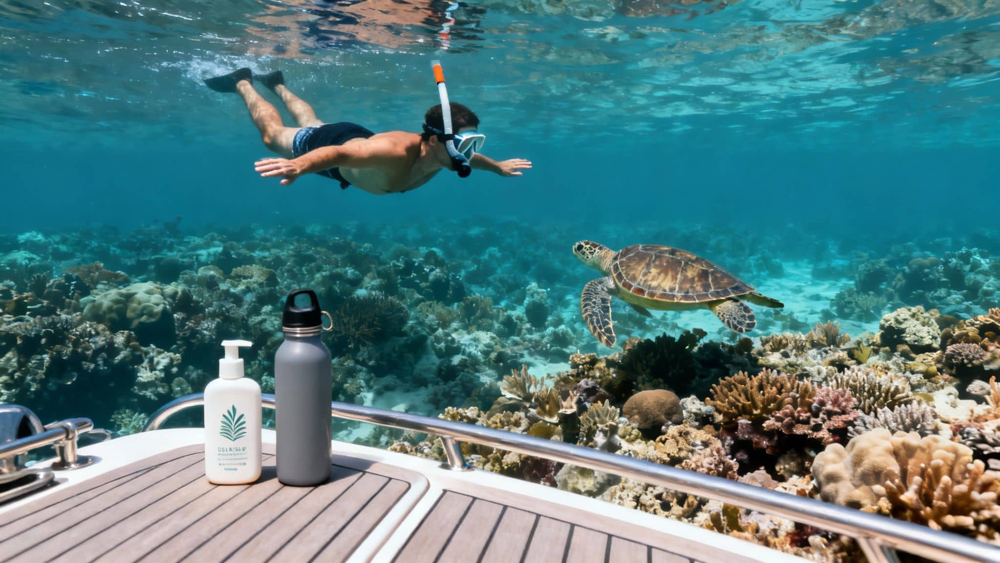 A man snorkeling with a sea turtle over a vibrant coral reef, with sustainable products on a boat.