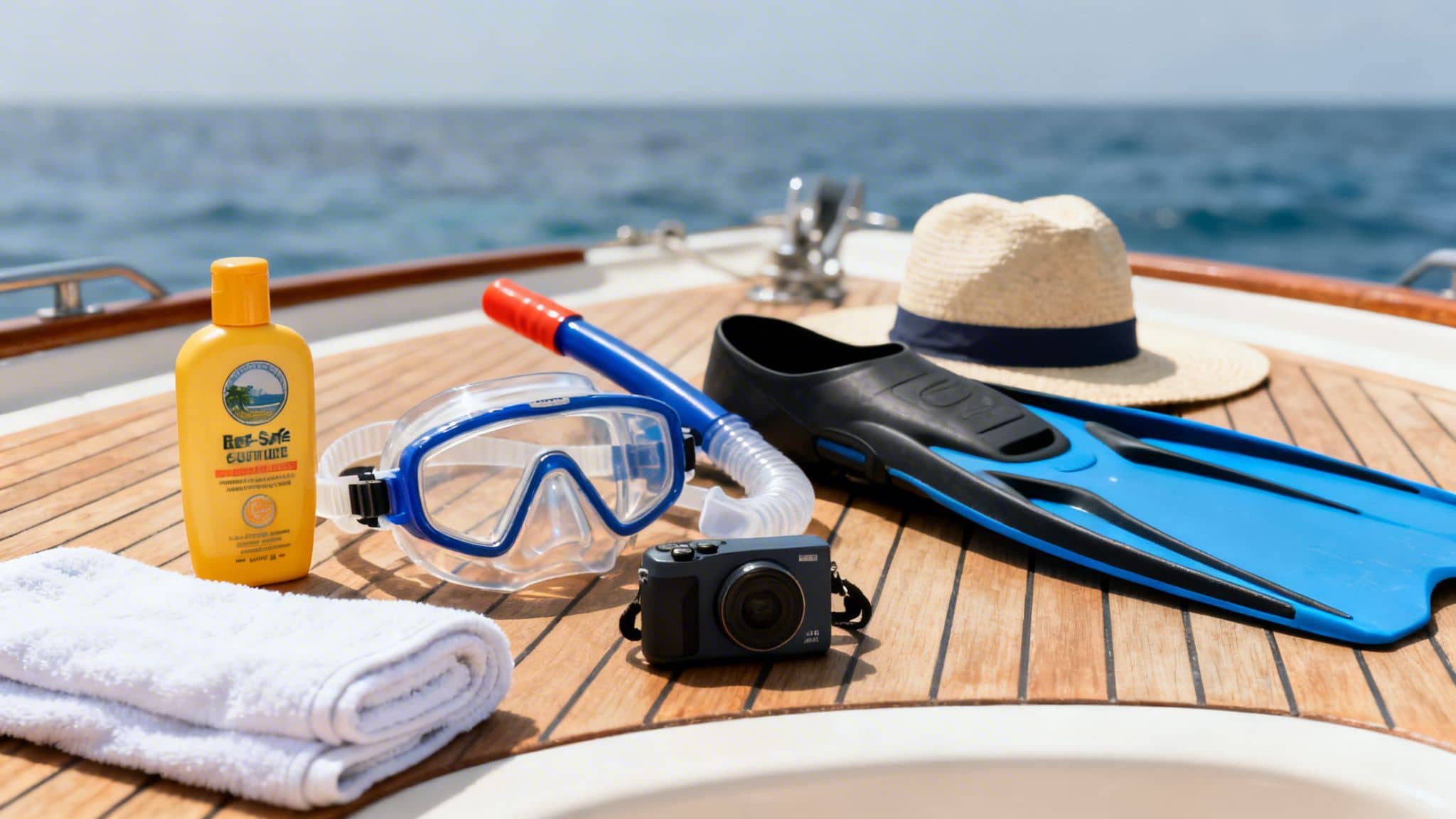 Snorkeling gear, reef-safe sunscreen, and beach essentials displayed on a boat deck by the ocean.