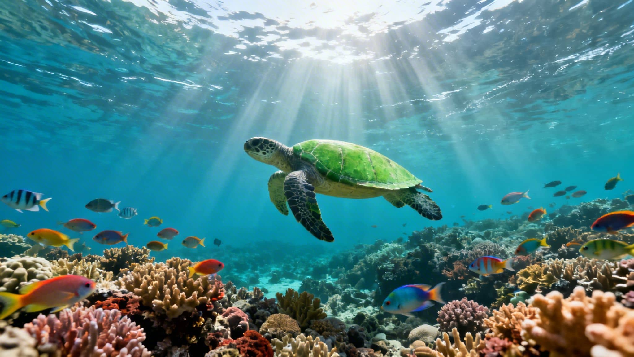 A majestic green sea turtle swims gracefully above a vibrant coral reef, with sunlight filtering through the ocean surface.