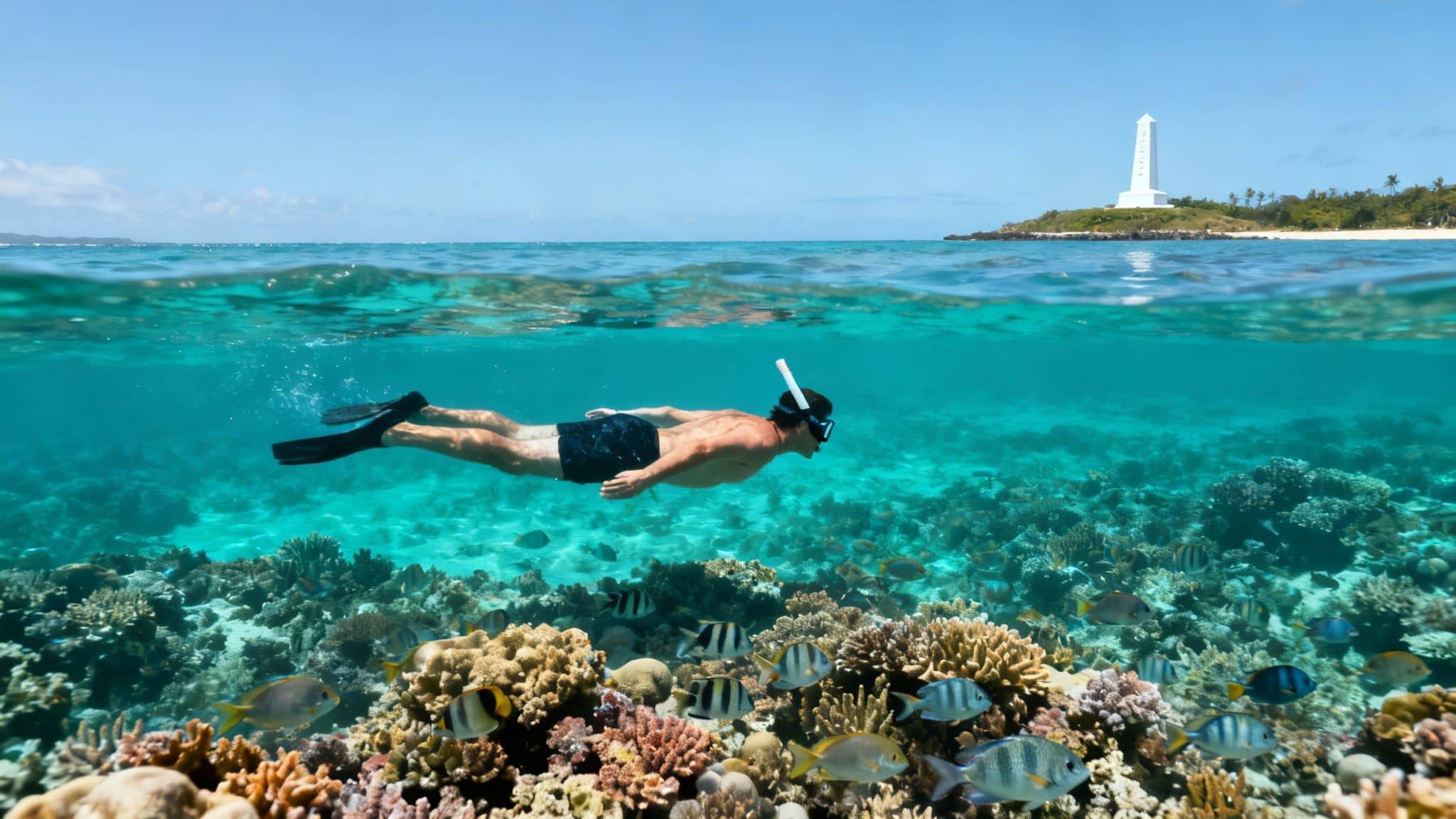 Man snorkeling over a vibrant coral reef with tropical fish, a lighthouse and blue sky above water.