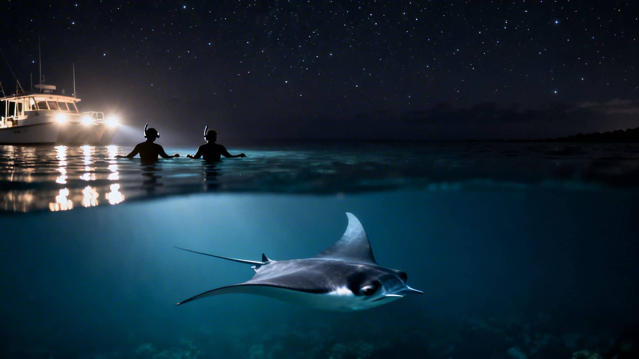 Two people snorkel at night under a starry sky near a boat, observing a majestic manta ray underwater.