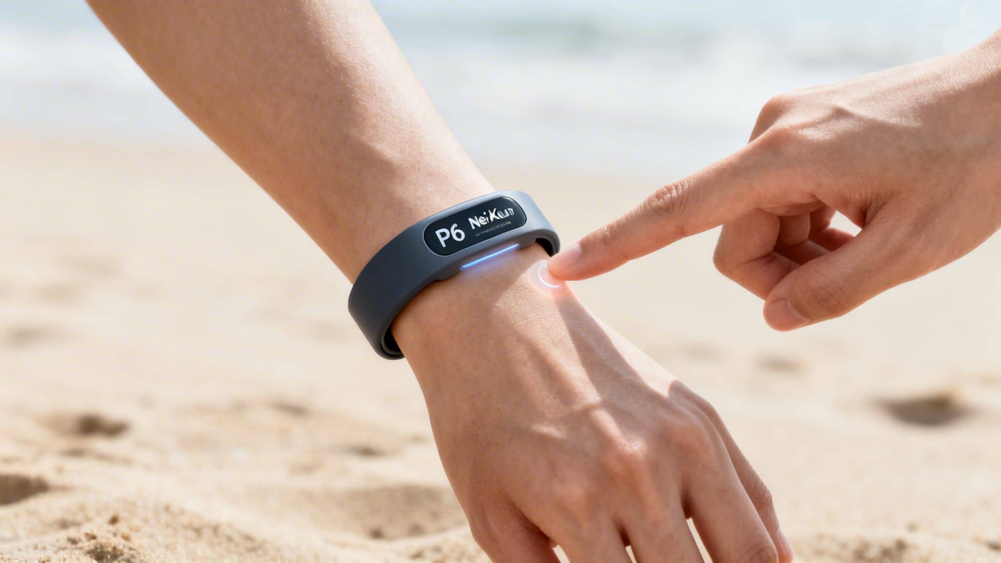 A hand touches a grey NeiKun acupressure bracelet on a wrist at a sunny beach.