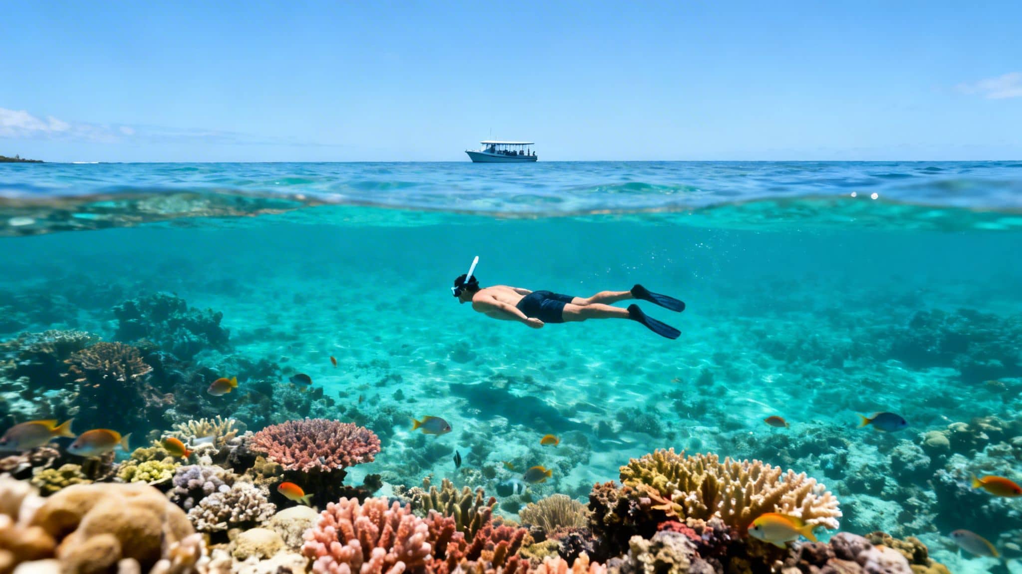 A split view showing a man snorkeling above a vibrant coral reef and a boat on the ocean surface.