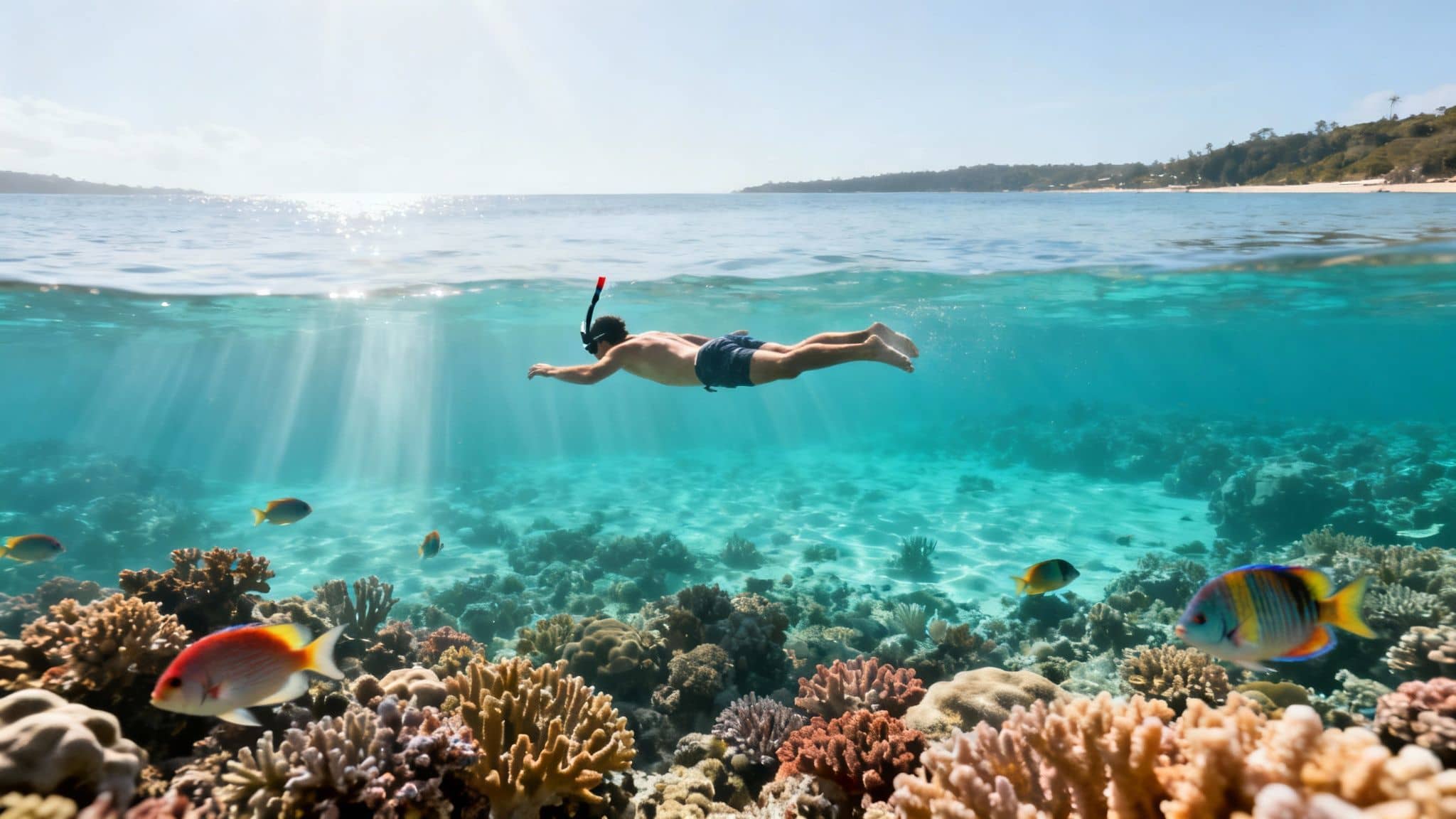 A man snorkels over a colorful coral reef, surrounded by fish in clear tropical water.