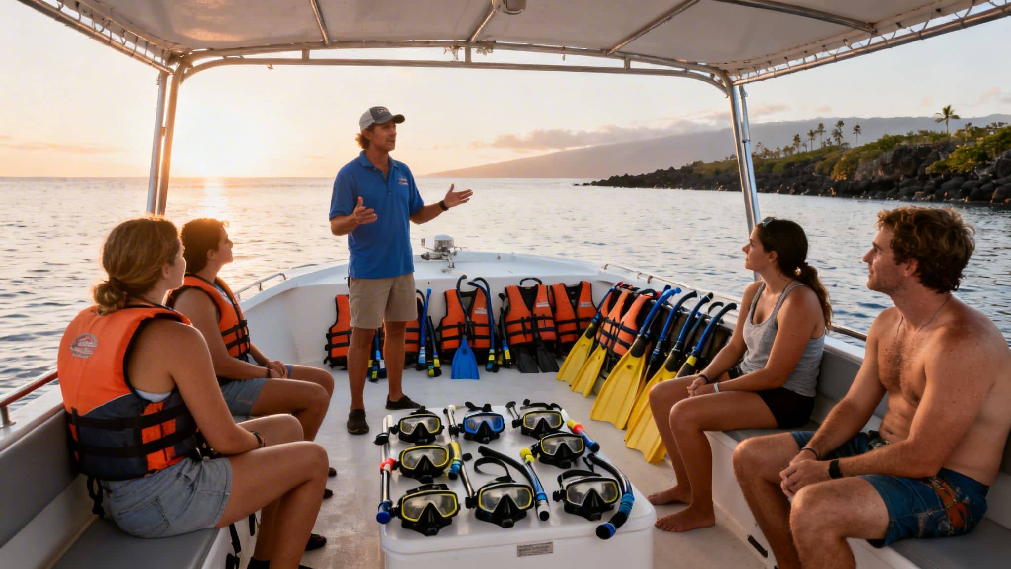 A tour guide speaks to a group of people on a boat with snorkeling gear as the sun sets over the ocean.