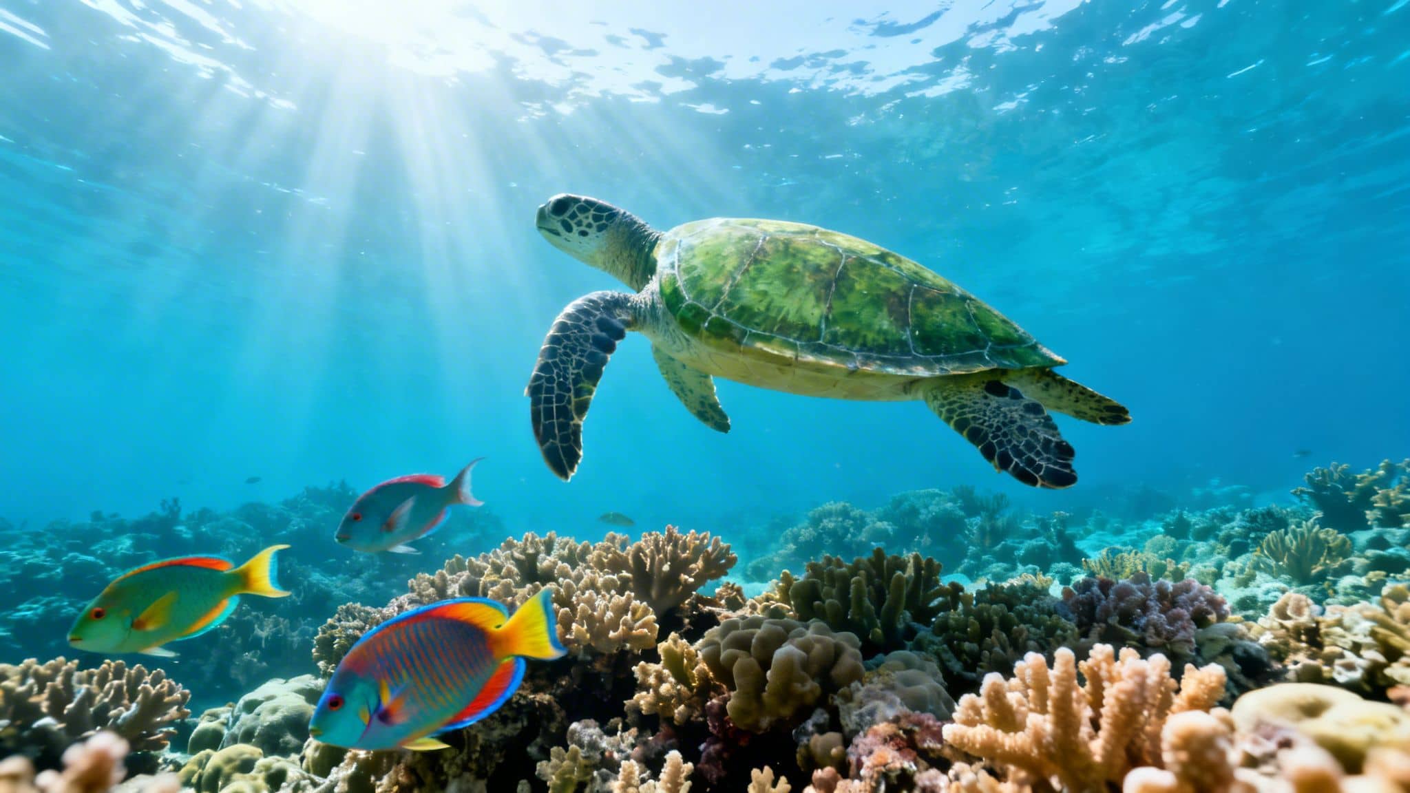 A vibrant underwater scene with a green sea turtle swimming over a colorful coral reef, sunlight beaming through the blue water.