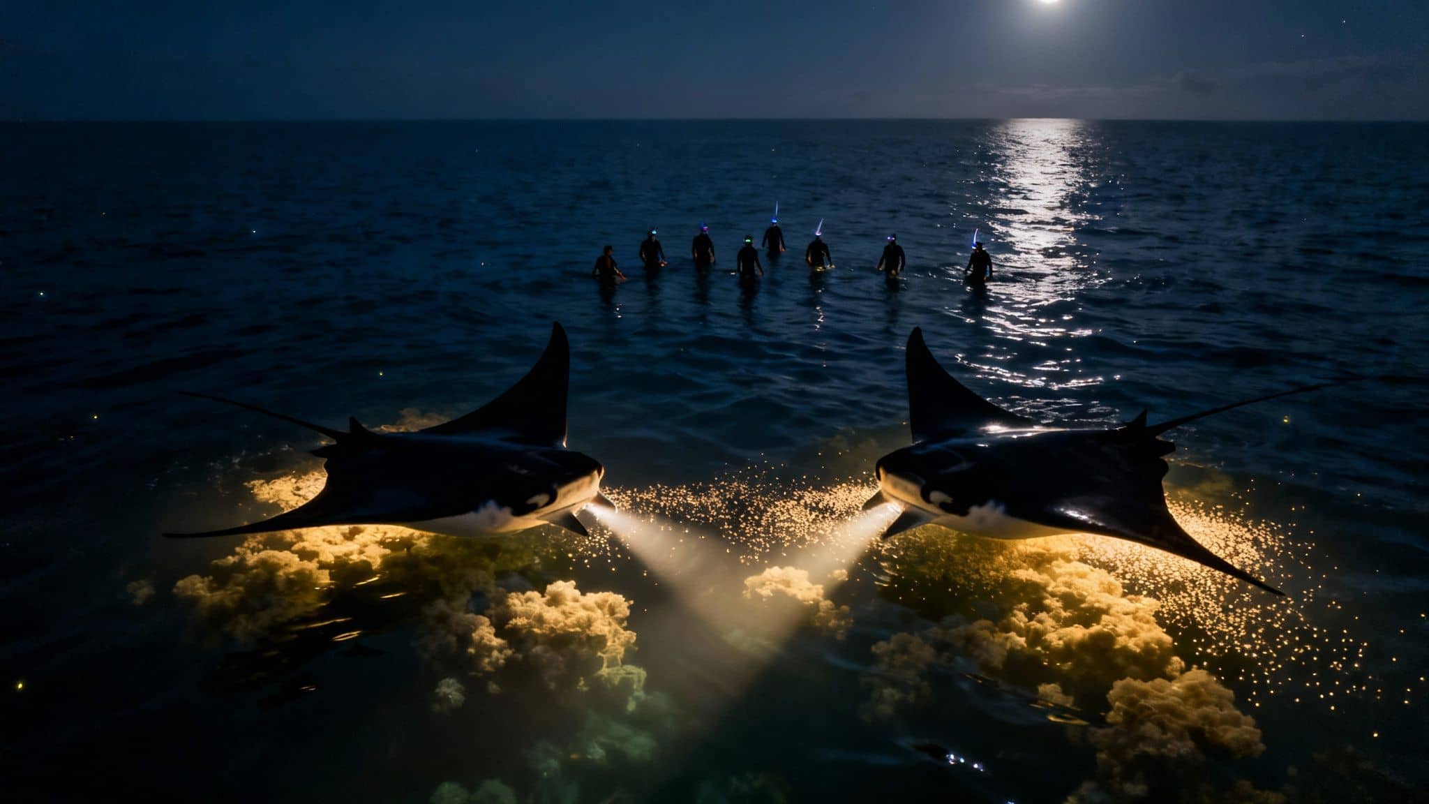 Two manta rays feeding at night under a full moon, observed by snorkelers.