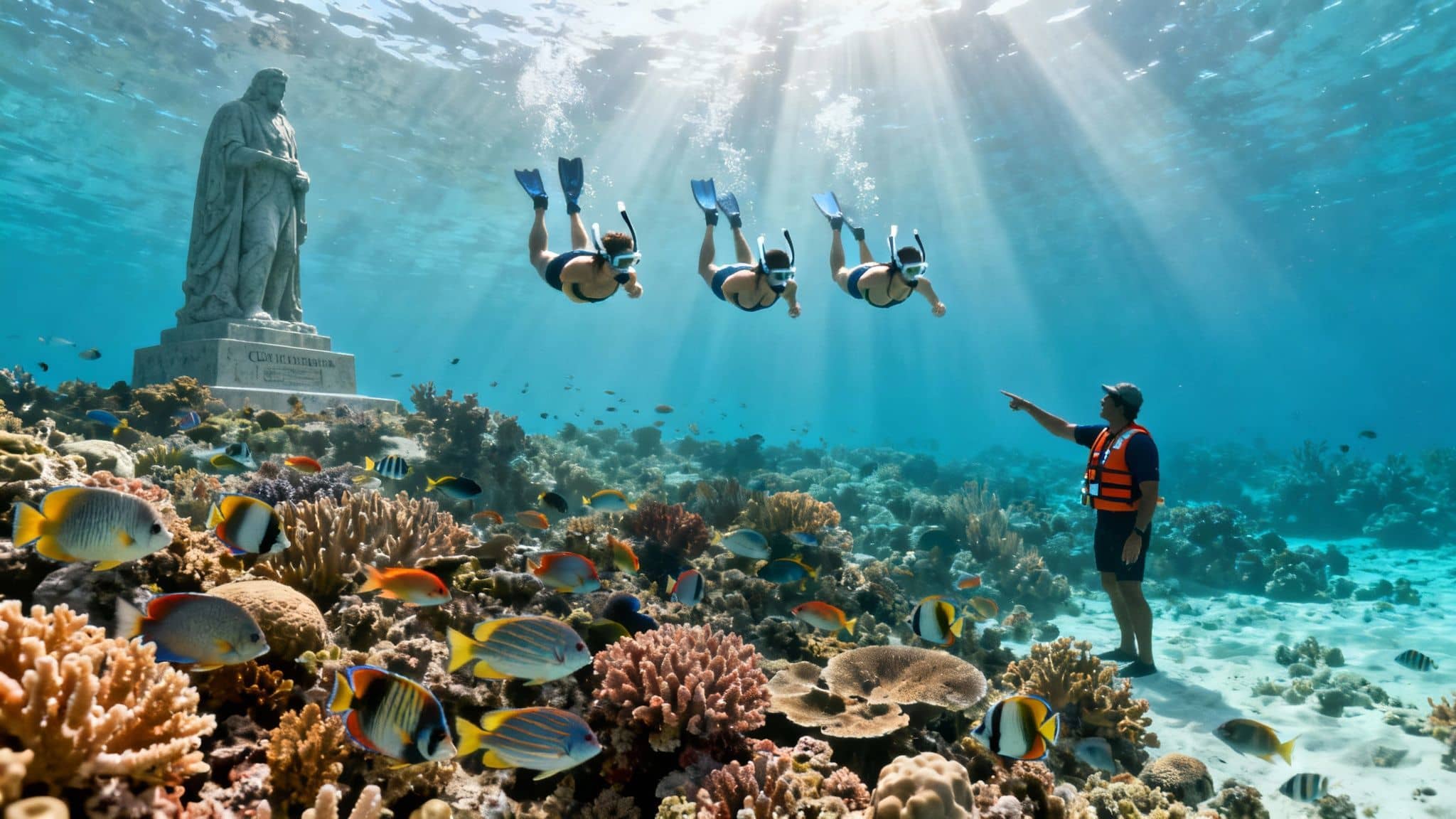 Snorkelers explore an vibrant underwater coral reef with a statue and a pointing guide.