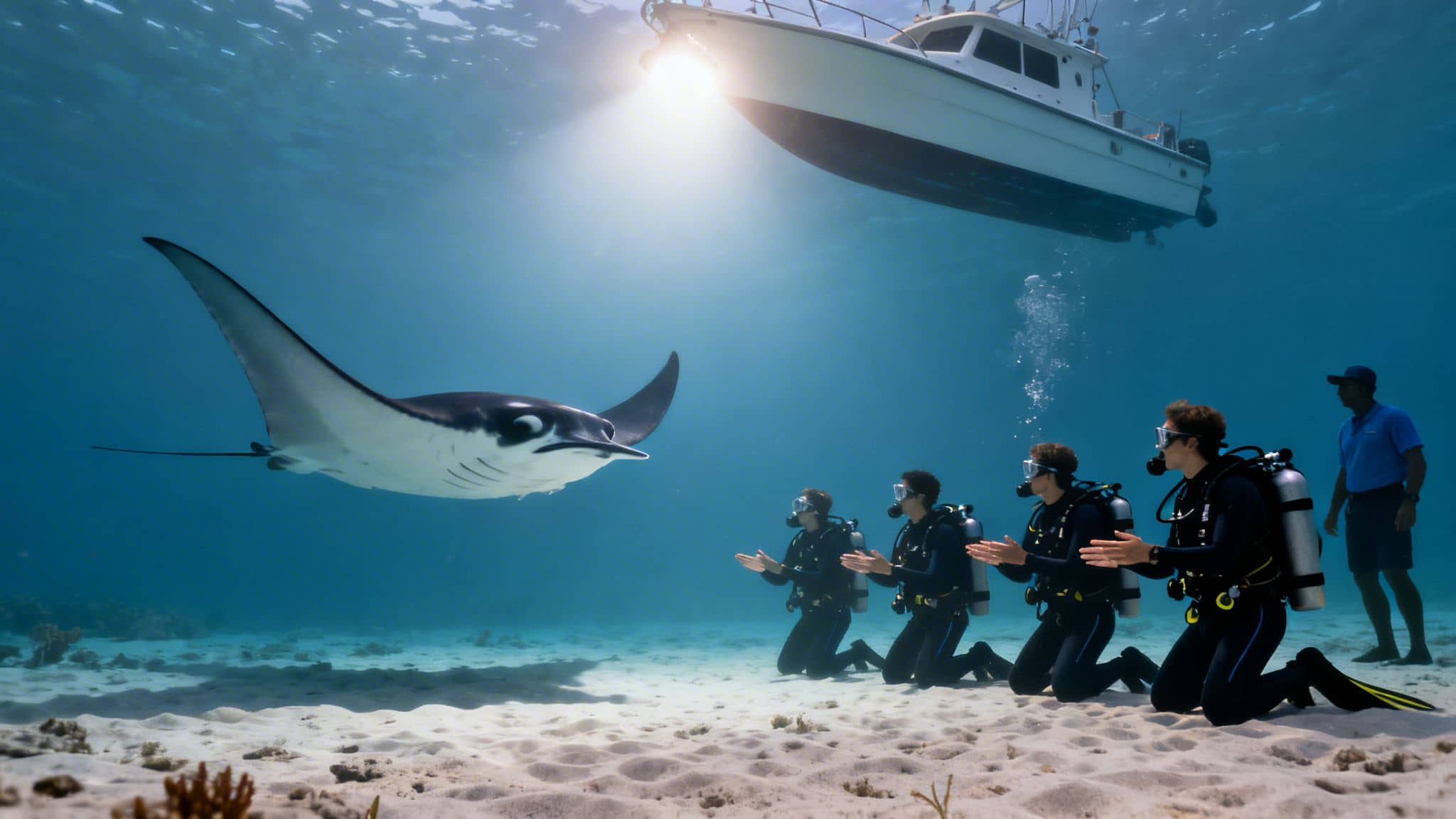 Four divers kneel on a sandy seabed as a large manta ray swims towards them, with a boat above.