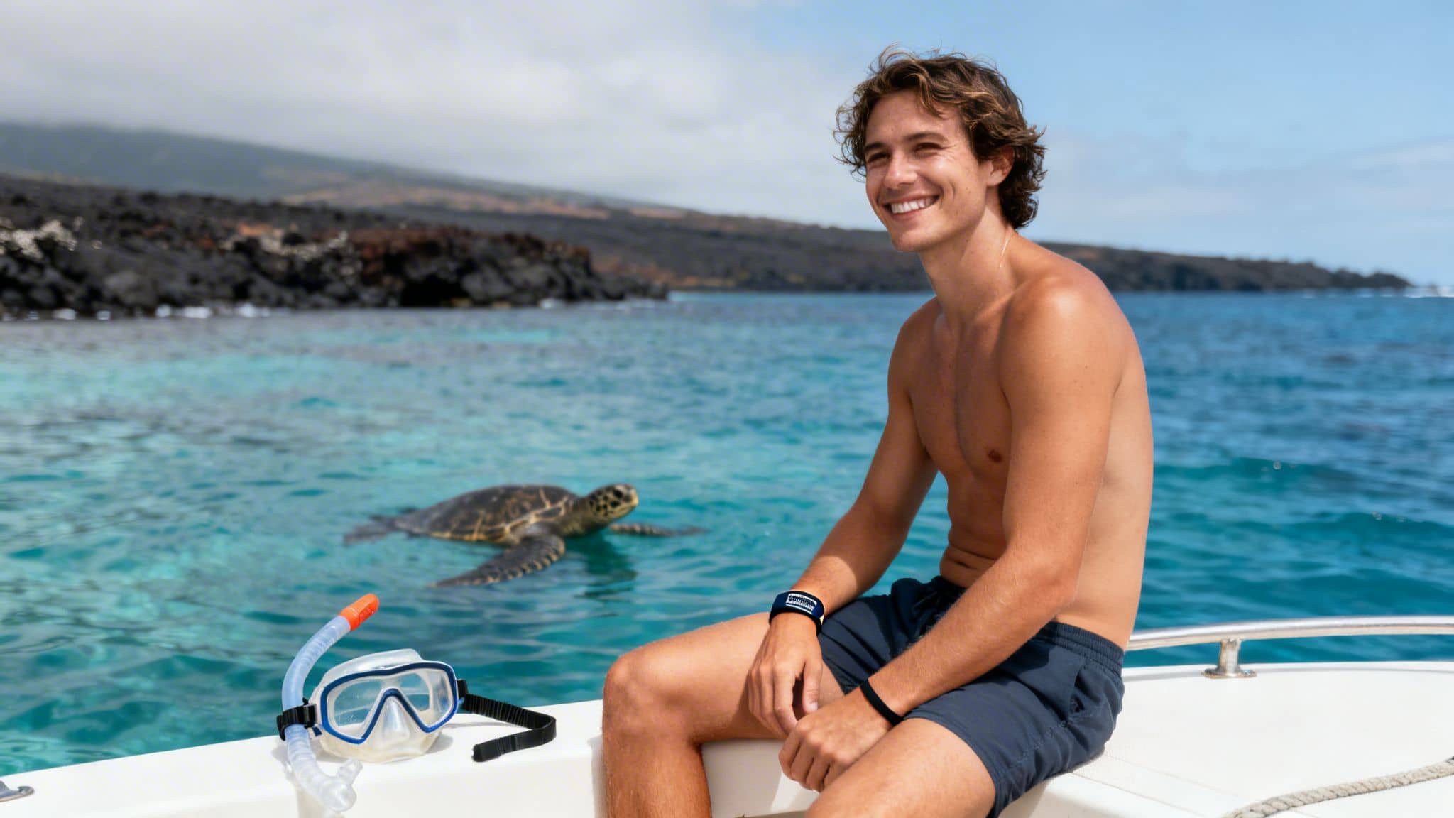 A smiling man on a boat with a sea turtle swimming in clear blue water.