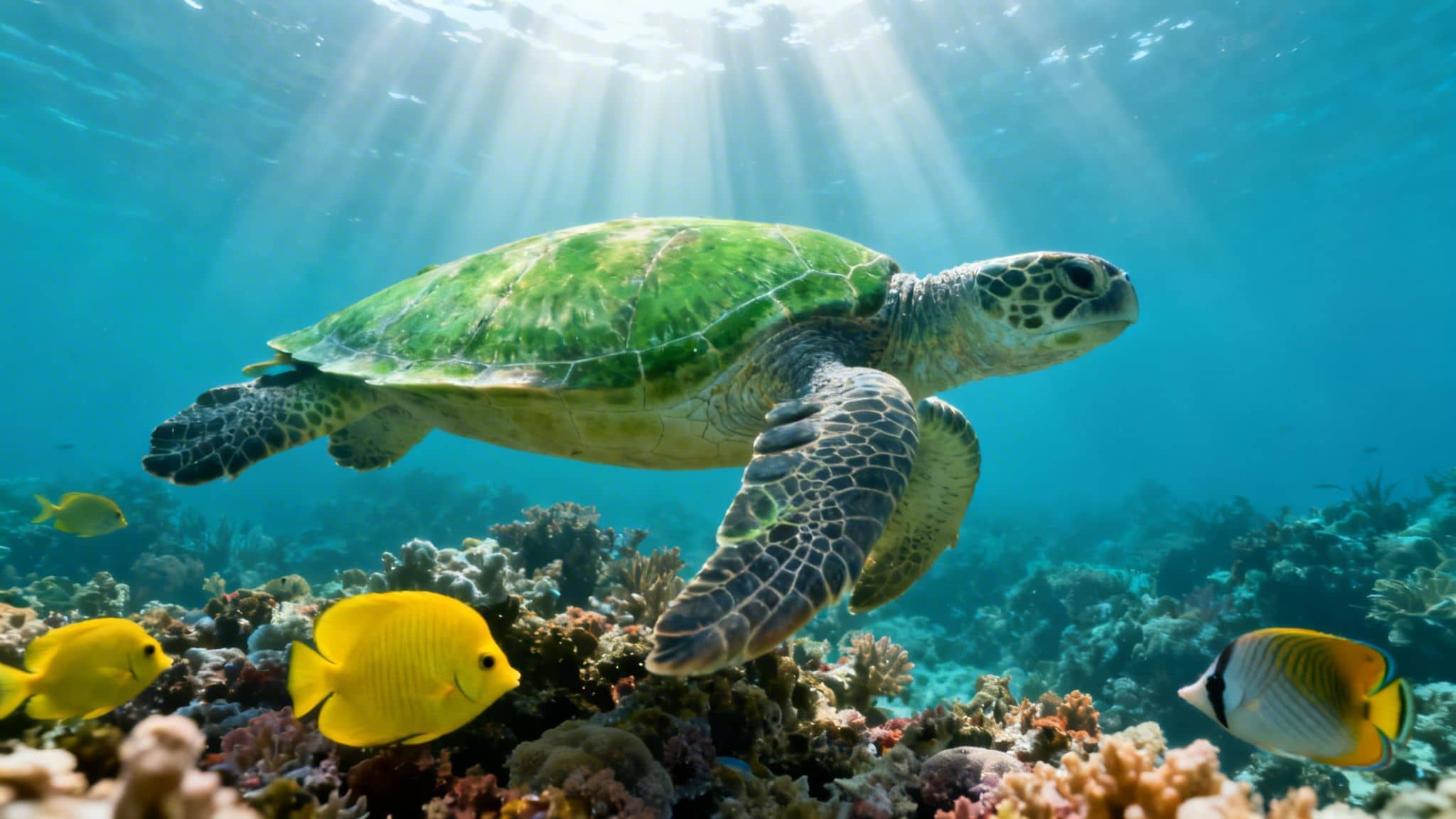 A majestic green sea turtle glides gracefully over a colorful coral reef, surrounded by yellow fish.