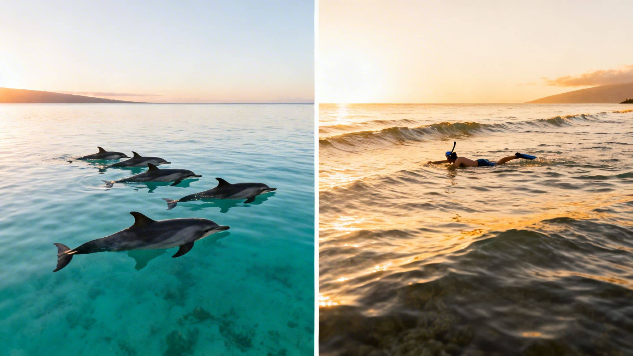 Split image showing dolphins swimming in clear blue water and a person snorkeling at golden sunset.