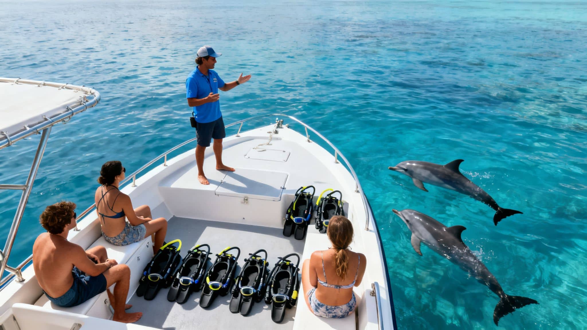 A boat with a guide instructing passengers as two dolphins swim alongside in clear blue ocean.