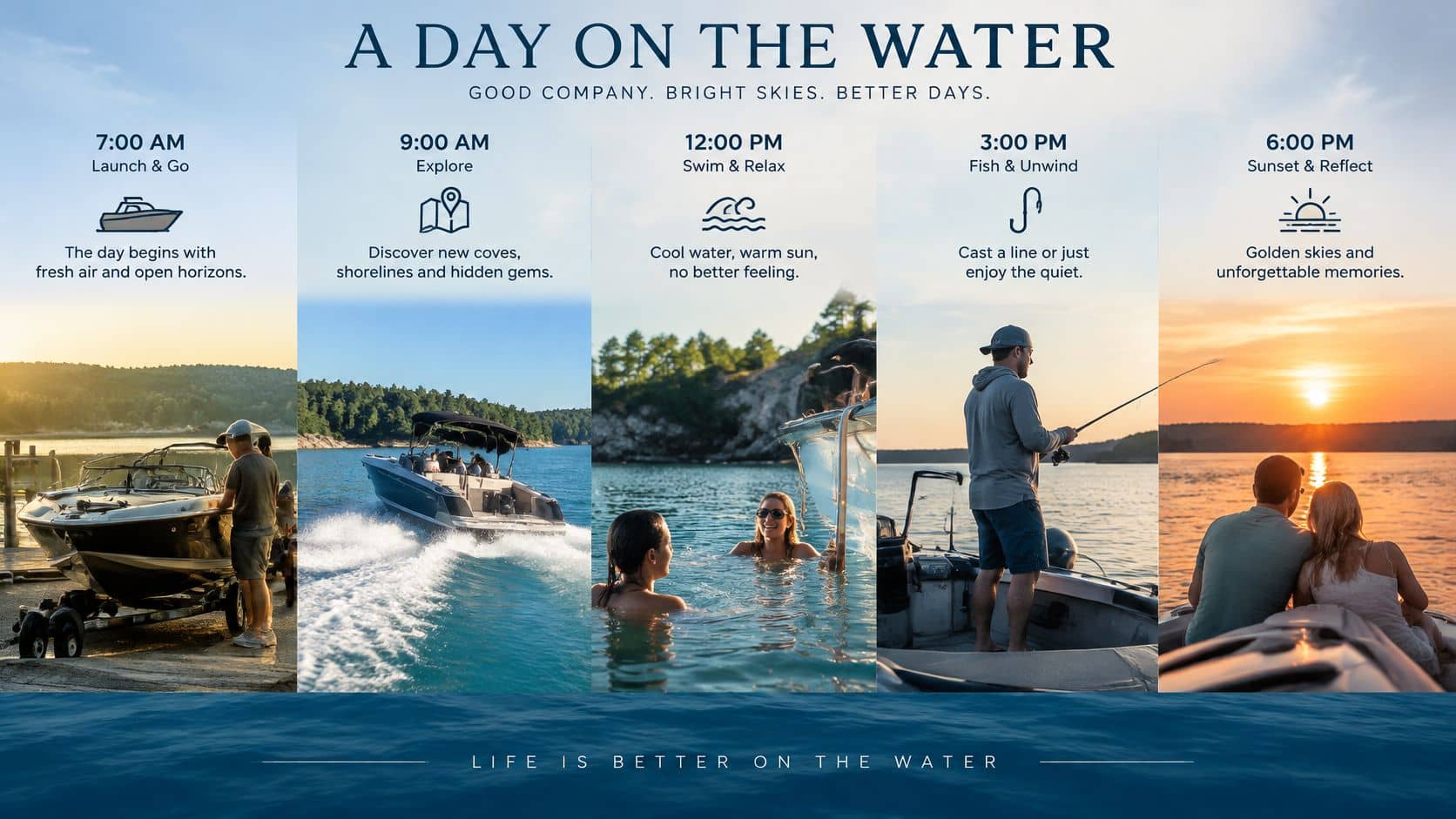An infographic showing a daily schedule for a fun day of boating activities on the water.