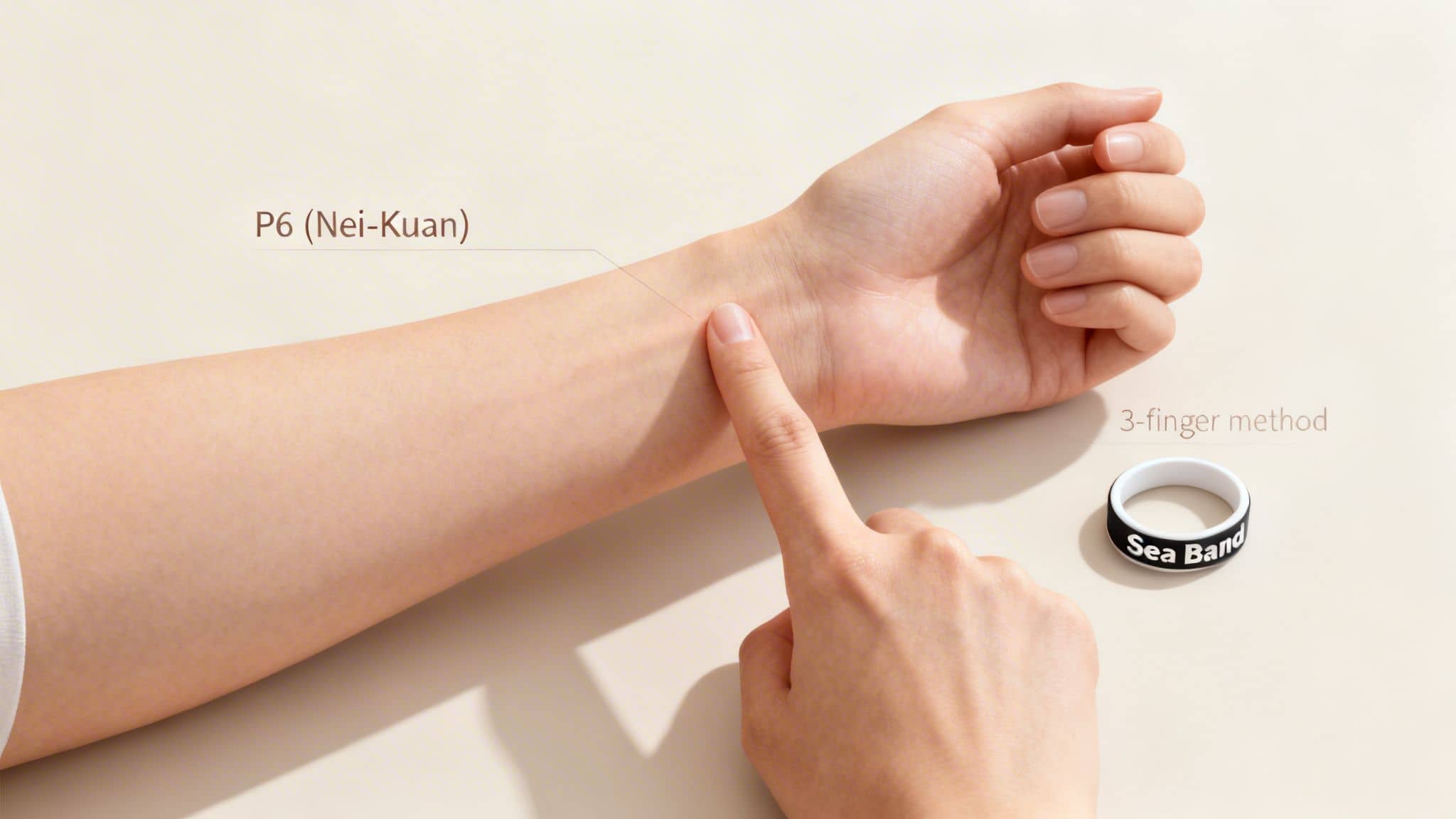 Hand demonstrating 3-finger method to locate the P6 (Nei-Kuan) acupressure point on a wrist, with a Sea Band nearby.