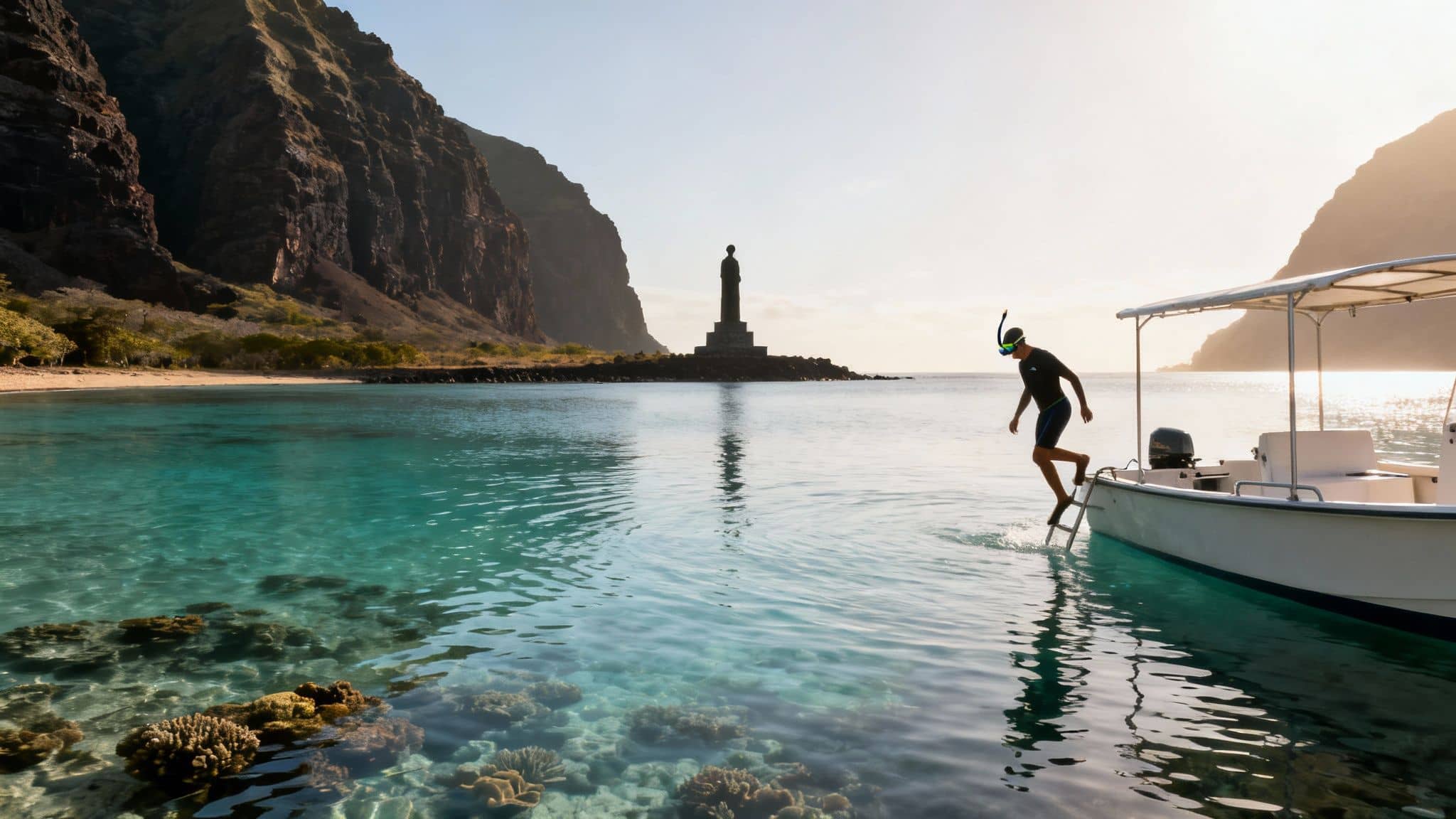 A person in snorkeling gear steps off a boat into clear blue ocean water with a tropical island in the background.