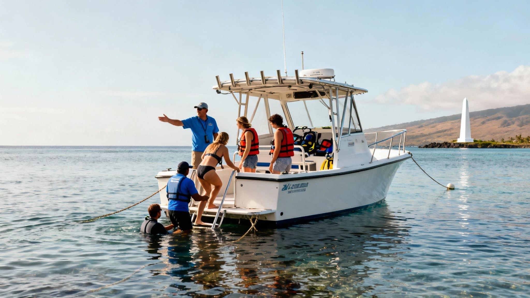 People on a snorkel tour boat in clear water, with a guide and scenic Hawaiian background.