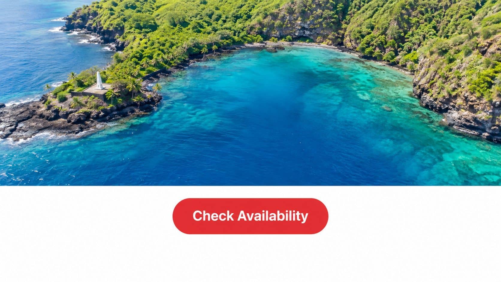 An aerial view of the Captain Cook Monument at Kealakekua Bay on the Big Island of Hawaii.