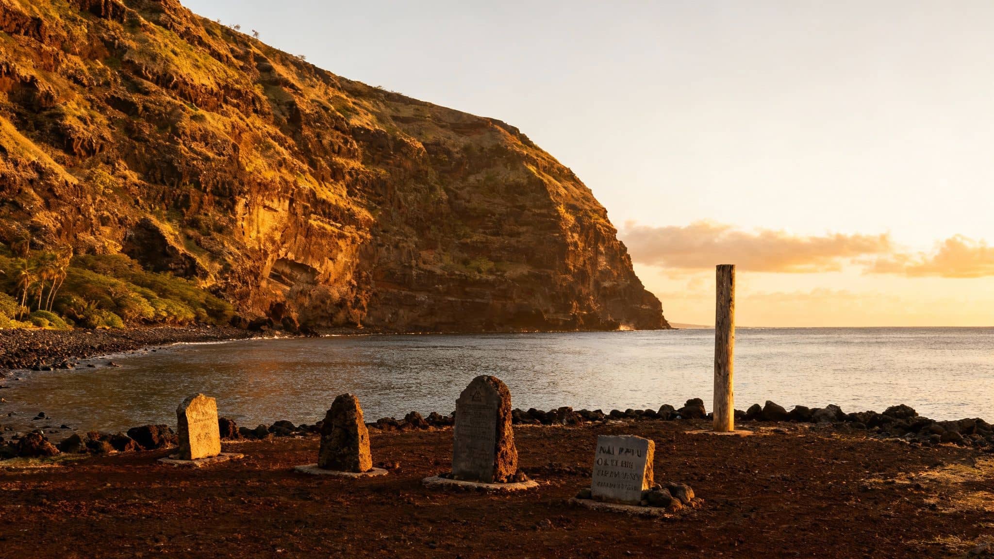 Golden hour illuminates ancient stone monuments on a rocky Hawaiian beach with a towering cliff.