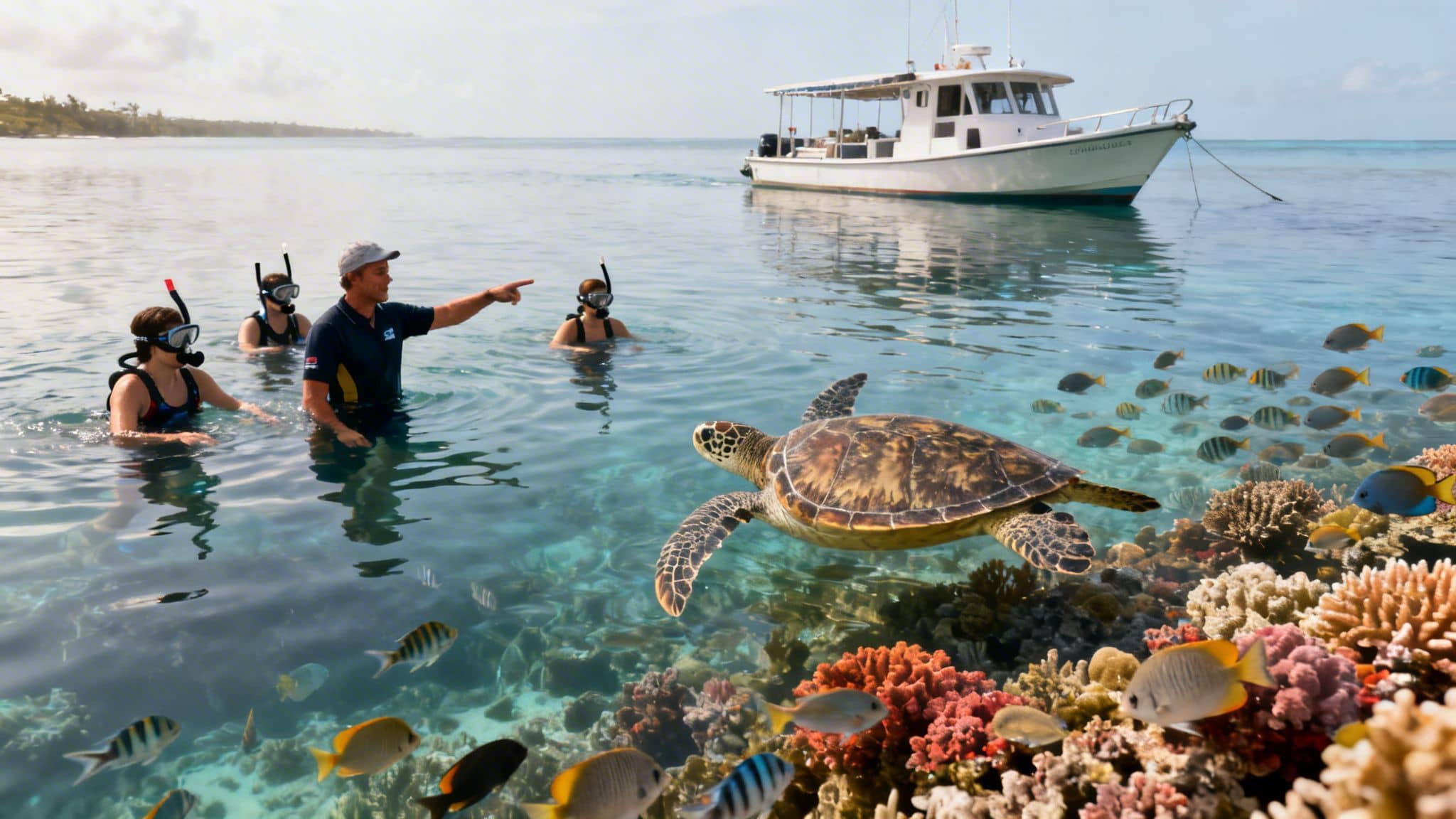 A guide points to a large sea turtle near snorkelers, fish, and coral reef in clear blue water with a boat.