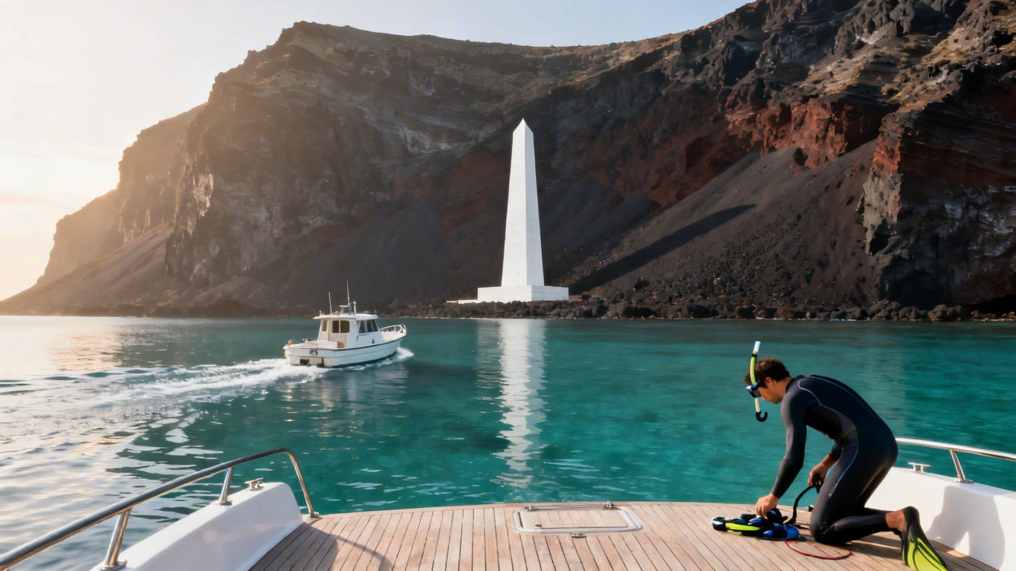 A person in a wetsuit on a boat prepares to snorkel near a rocky coastline with a white obelisk.