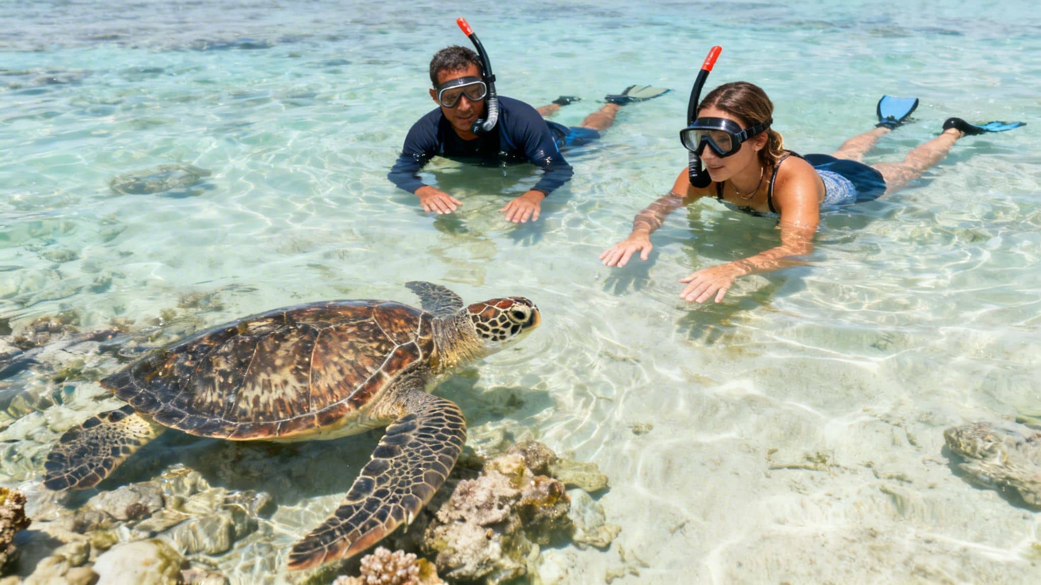 A couple snorkeling in clear tropical water, observing a sea turtle near coral.