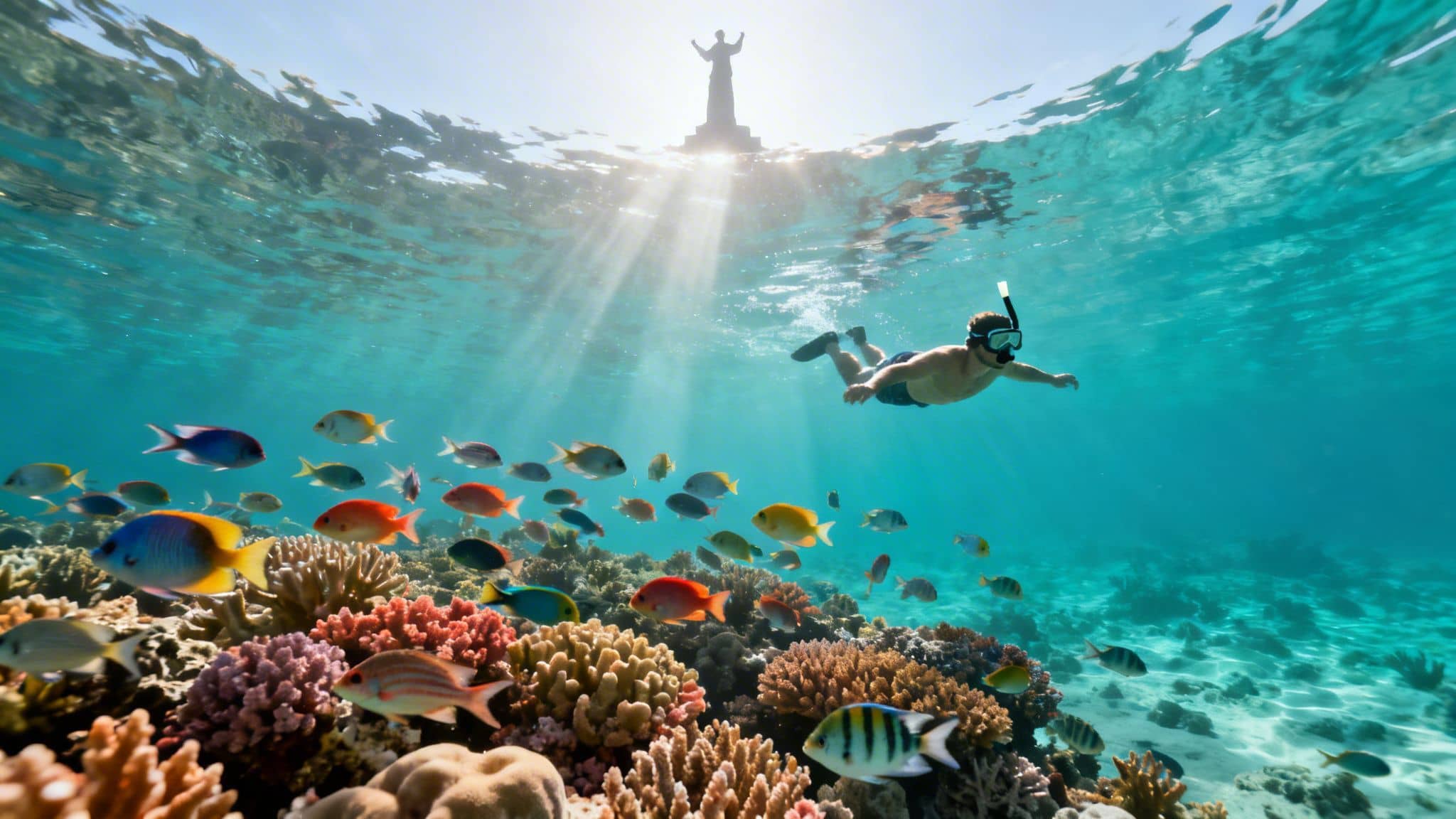 Man snorkeling over a vibrant coral reef with colorful fish and a sunlit statue above water.