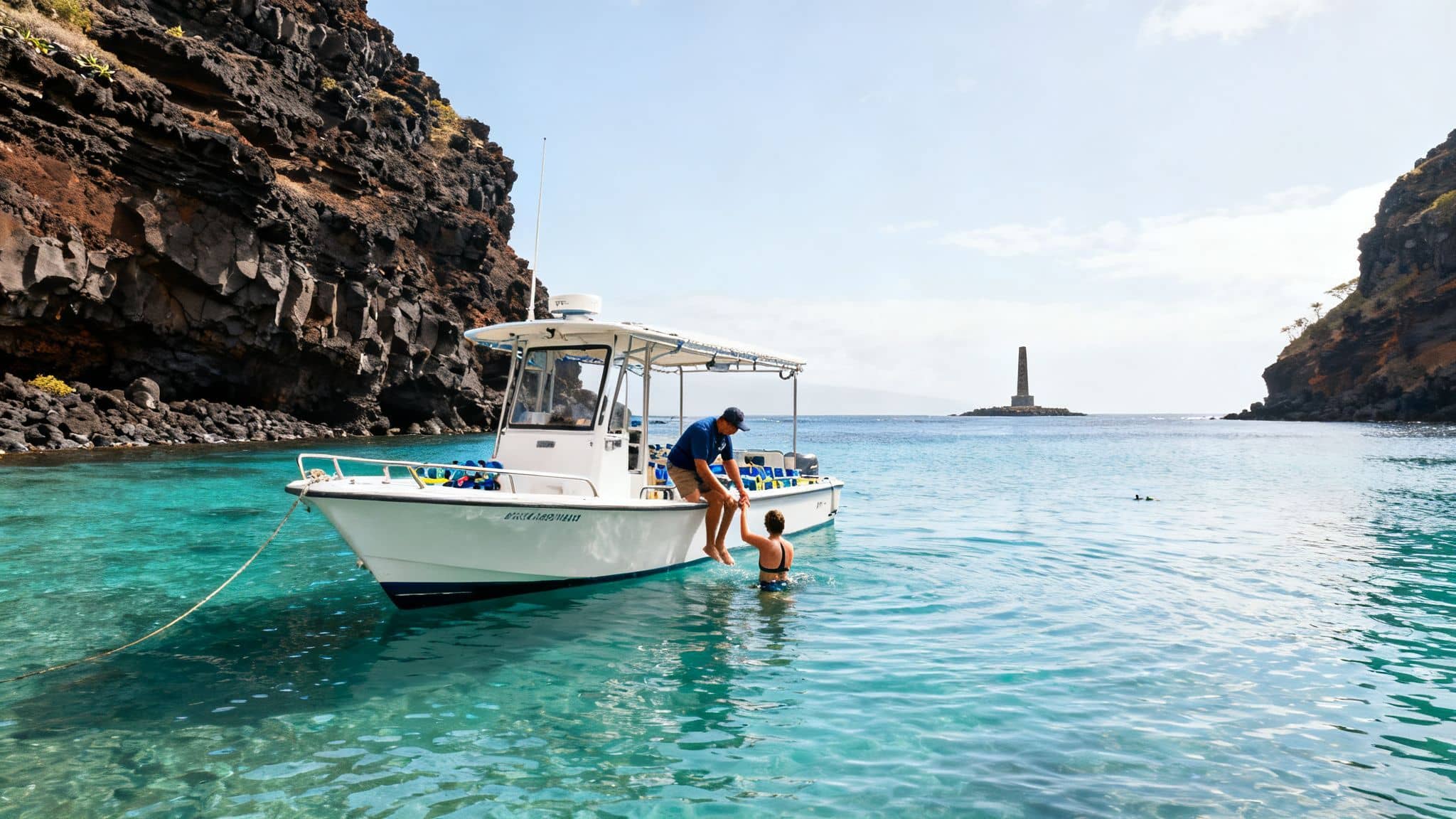 A man helps a woman from the clear turquoise water onto a boat in a scenic bay.