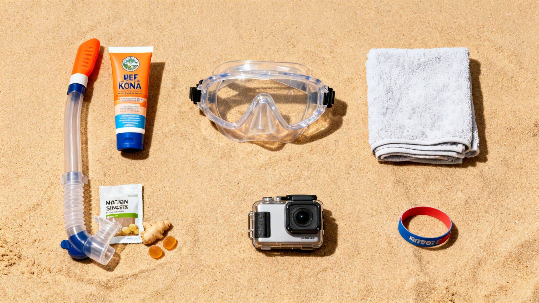 Snorkeling equipment including a mask, snorkel, sunscreen, action camera, towel, and ginger candies on sand.